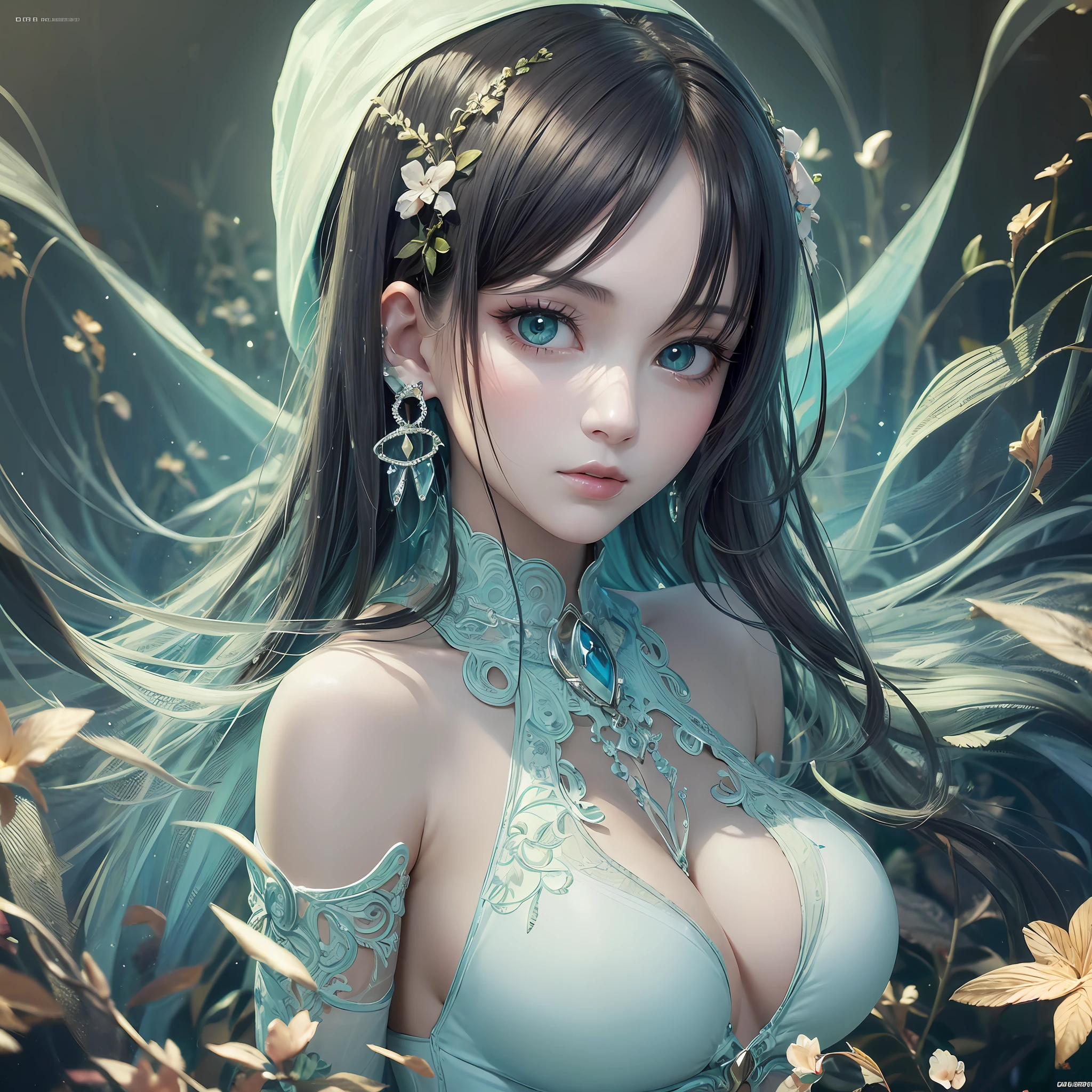 animesque、Clear, Moisturizing sea green eyes、Beautiful woman like a fashion model、a closeup、portlate、Beautiful, Beautiful black hair without hair ornaments, hight resolution, top-quality, masterpiece, 8k wallpaper、 One Person、Beautiful skin、17age、
