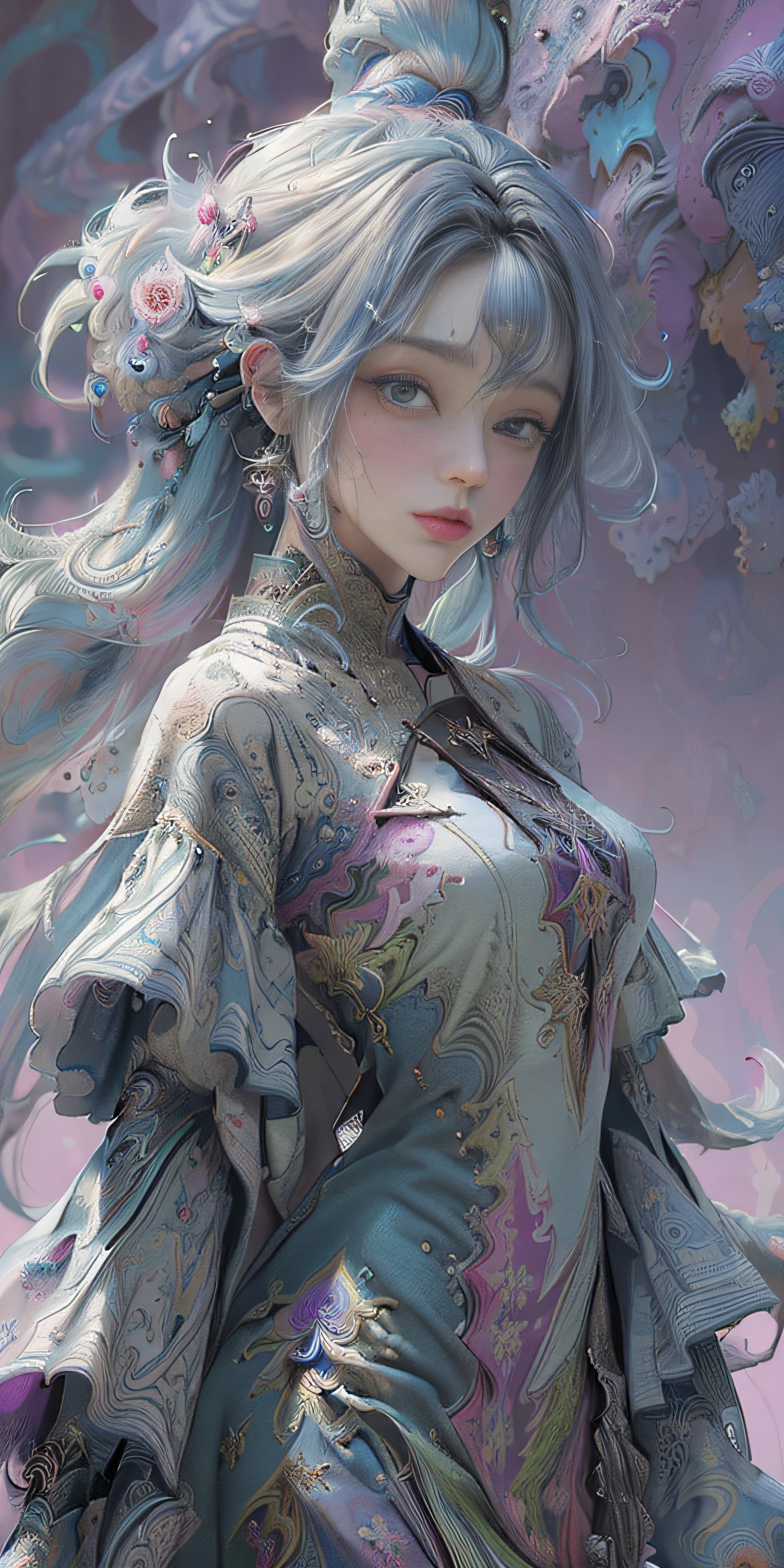 (masterpiece, top quality, best quality, official art, beautiful and aesthetic:1.2), (1girl:1.3), extremely detailed,(fractal art:1.2),colorful,highest detailed,(zentangle:1.2), (dynamic pose), (abstract background:1.5), (treditional dress:1.2), (shiny skin), (many colors:1.4), upper body
