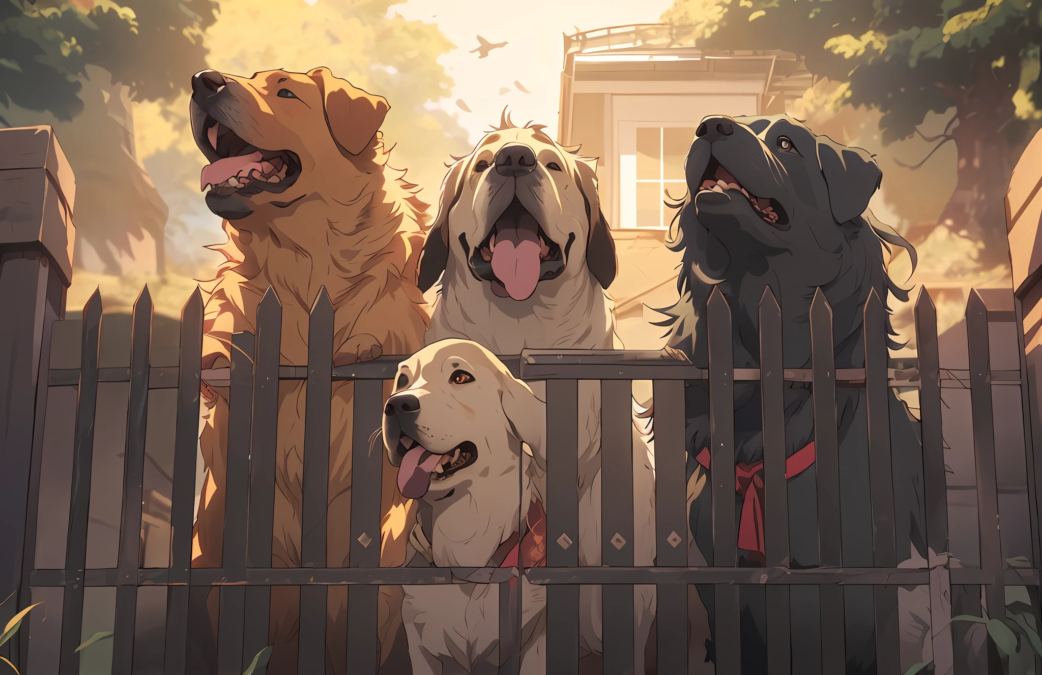 Three dogs sit behind the fence with their mouths open, Kawasi, Today's featured anime stills, by Yang J, Dogs, Guviz, Ross Tran style, author：Shitao, screenshot from the anime film, anime still frame, Artgerm and Atey Ghailan, ross tran. scenery background, Guviz-style artwork