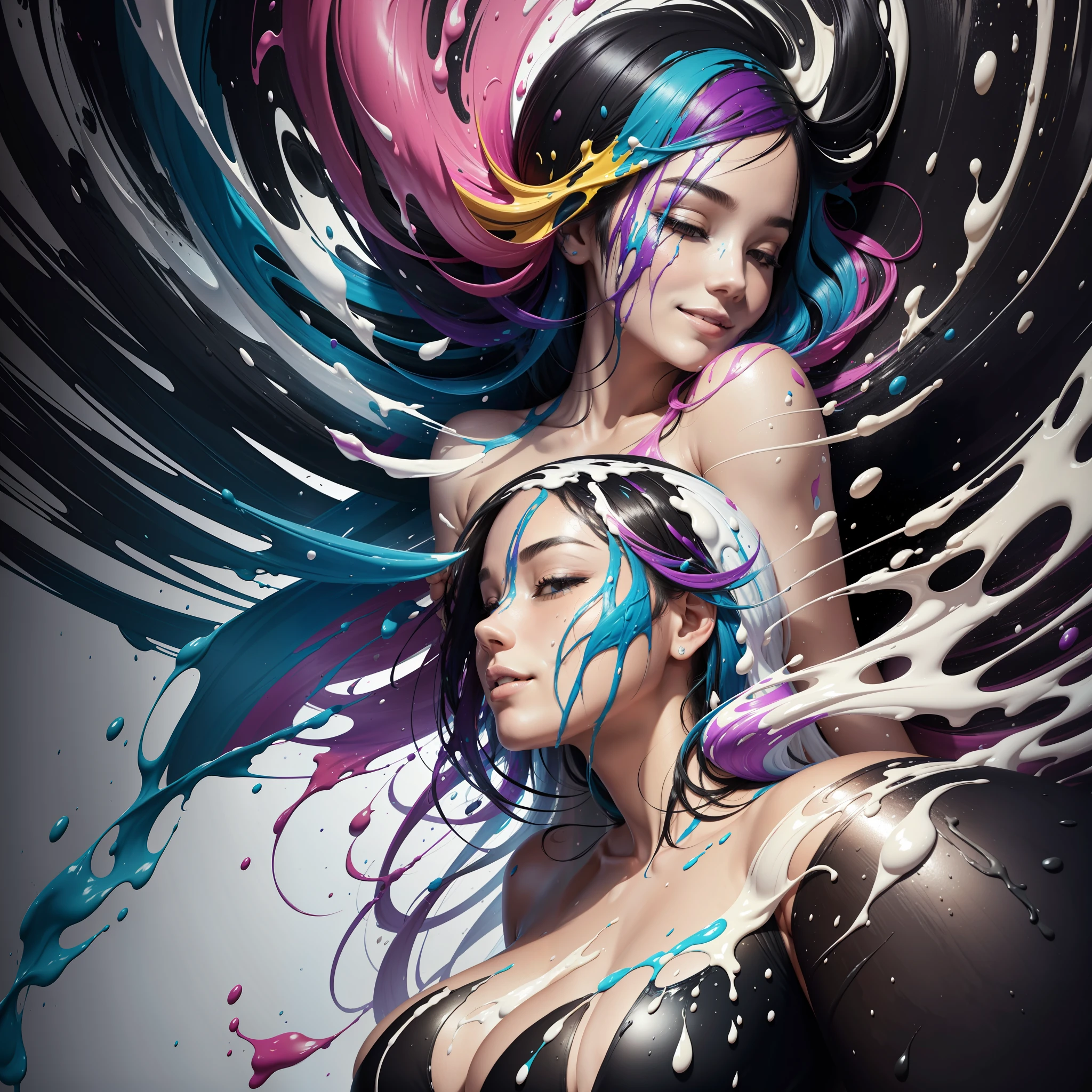Two women floating in black space, full body shot, embracing, kind and sensual,
Paint raining, thick Paint rainbow hair, breasts covered with paint, ((sfw)), calm facial expression, relaxed, ((gentle smile)), ((paint instead of clothes, no clothes)), small breasts, ((relaxed face)), relaxed shoulders, dynamic pose, liquid details, black background, no background, no frame, thick paint splatter, extreme detail, 3d, 8k, details, paint splatter on the face, short voluminous hair,