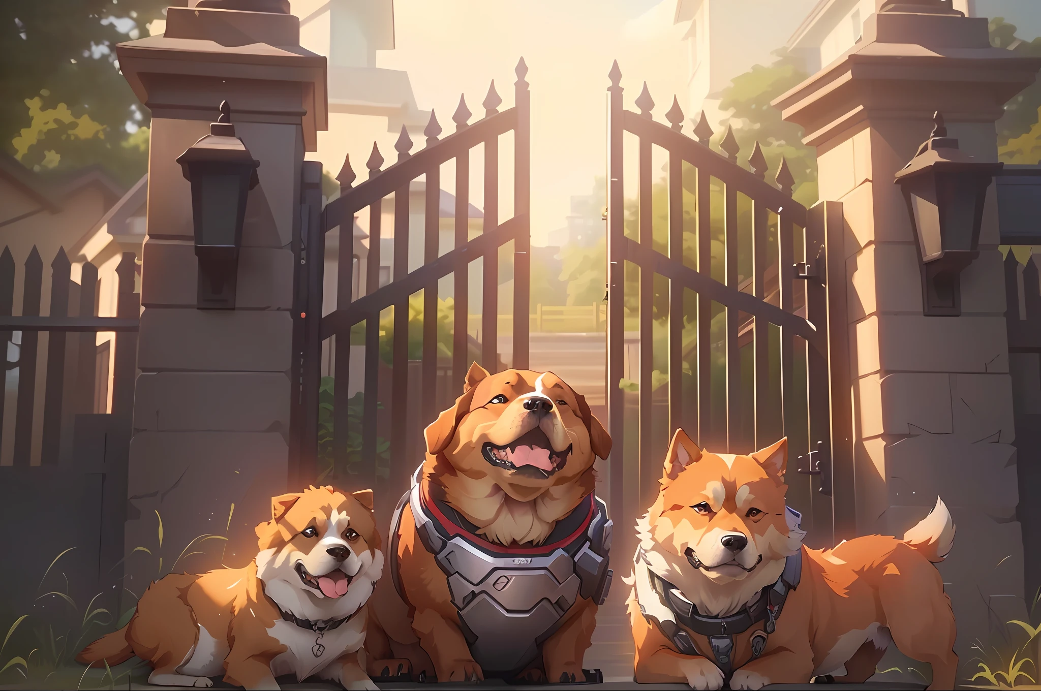 Three dogs sitting in front of the fenced gate, Today's featured anime stills, 《overwatch》Winston, screenshot from the anime film, Guviz-style artwork, Guviz, guweiz masterpiece, Artgerm and Atey Ghailan, Anthropomorphic Shiba Inu, anime still frame, Dogs, from league of legends