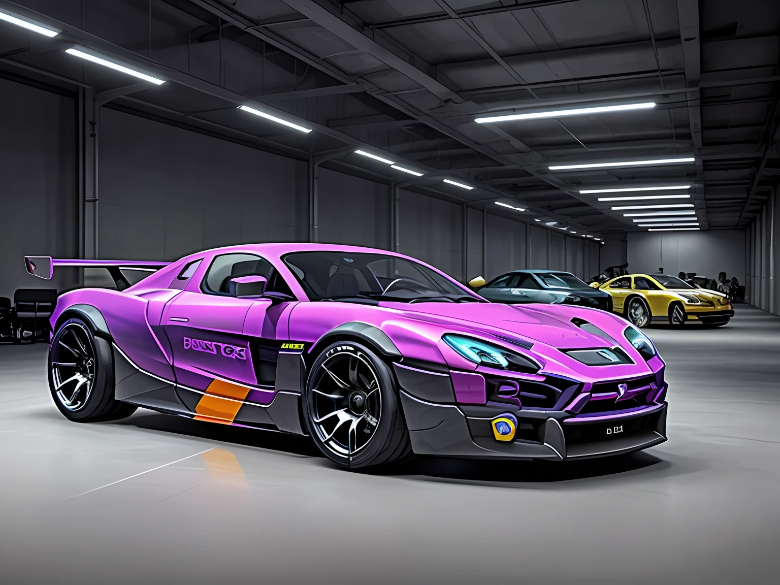 cyberpunk (((rimac concept))) (with glowing rims), wide tires, at the parking lot, at night city,