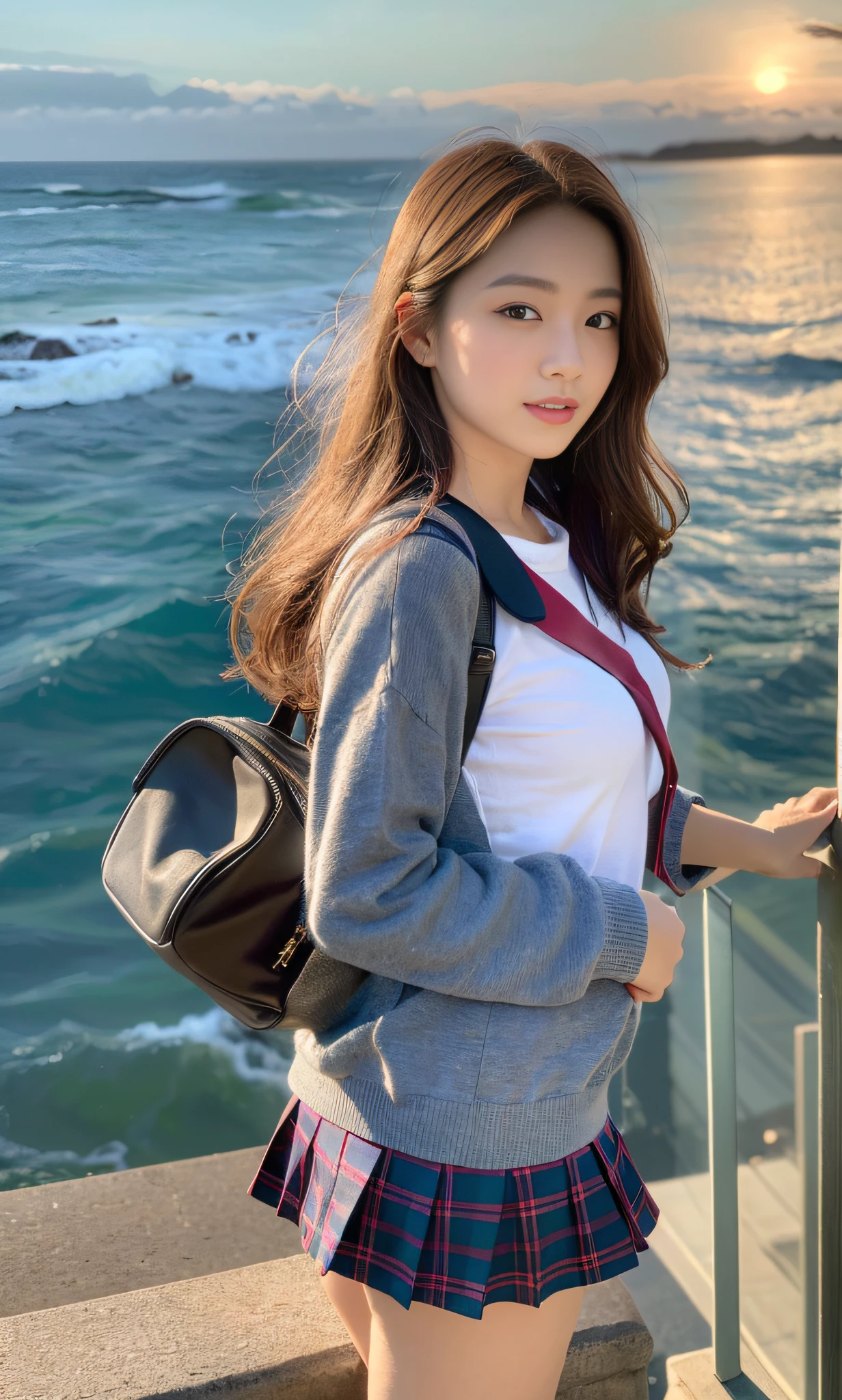 (ultra best quality、超A high resolution、8k、masterpiece:1.3)、Beautiful Women in Perfect Figure:2、Golden head hair、Kogal fashion、School Uniforms、Sweaters、hi-school girl、1The human、Ultra mini skirt、White panties、School bag、Beautiful view of the background、sea side、Fancy makeup、The whole body is reflected、1a person、ocean view、15years old