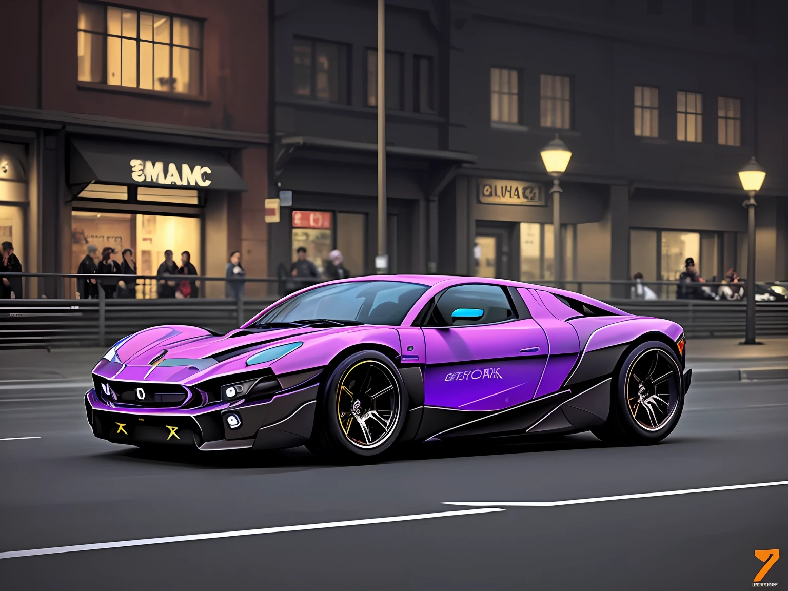 cyberpunk (((rimac concept))) (with glowing rims), wide tires, at the parking lot, at night city,