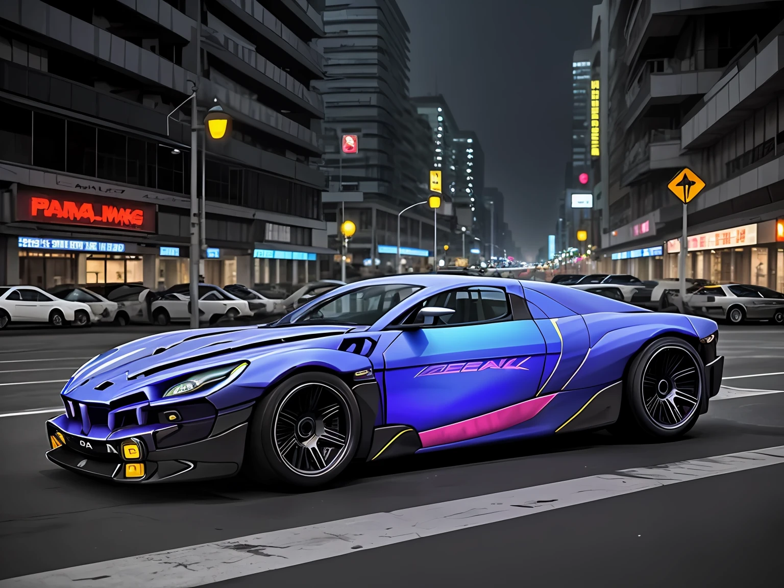 cyberpunk (((rimac concept))) (with glowing rims), wide tires, at the parking lot, at night city,
