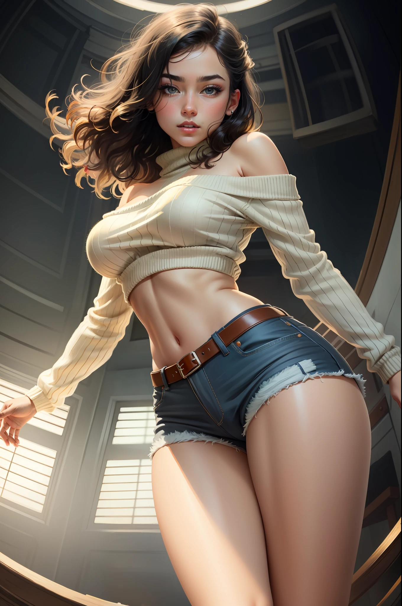 (), big boobs,(masterpiece), best quality, extremely detailed, (watercolor), bloom, delicate and beautiful, illustration, (from below),(1girl:1.4), (solo:1.2), large breasts, (ribbed sweater:1.3), off-shoulder sweater, (short shorts:1.2), bare shoulders, (underboob:1.2), ((dark skin:0.8)), beautiful eyes, (disheveled hair ), photography, over-the-shoulder shot, by Alex Maleev, professional, canon camera, nikon camera, sharp, bokeh, studio quality, fisheye lens, by Robert Capa ,