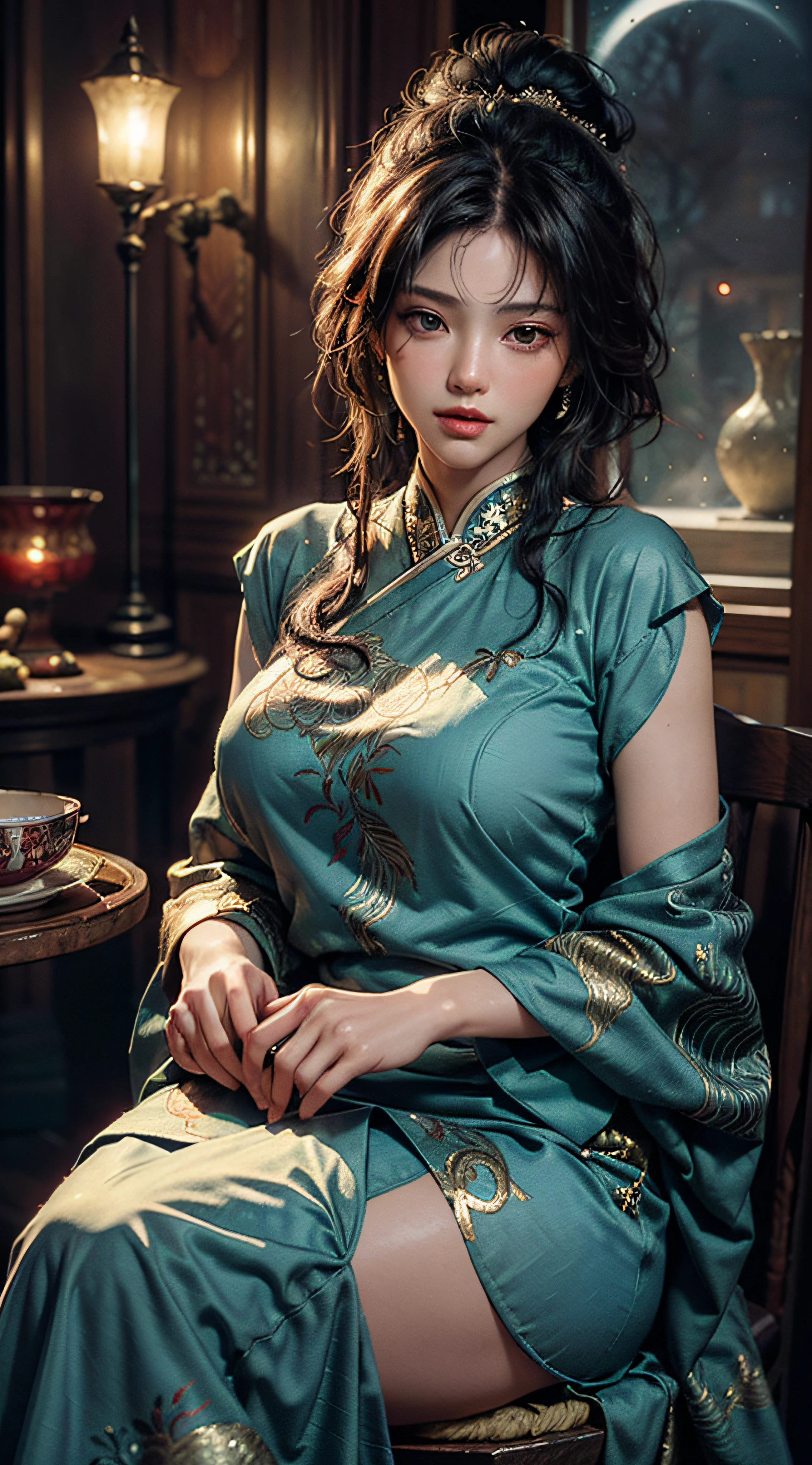 The art depicts a charming woman dressed in a flowing, silky traditional oriental dress decorated with intricate patterns and bright colors. Her dress drapes elegantly over her curvy figure, accentuating her seductive silhouette. She stood gracefully in the quiet moonlit night, bathed in the soft glow of the moonlight. The scene exudes an ethereal and dreamy atmosphere, with a touch of mystery and sexiness. The graphic style blends watercolor and digital illustration techniques to evoke a refined beauty and charm. The lights are filled with soft moonlight, casting soft highlights and shadows on her charming features. Bare thighs