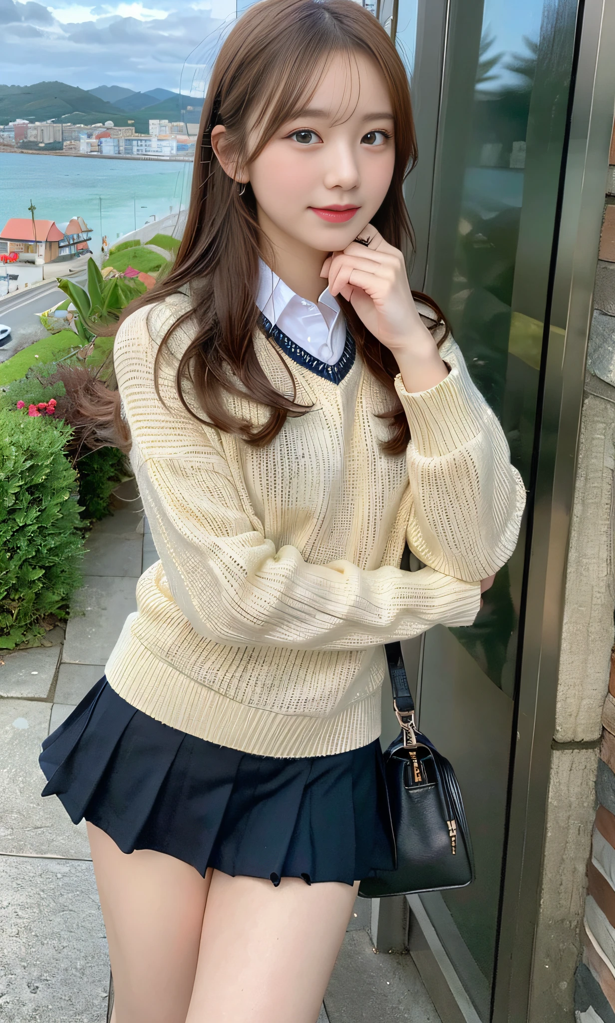 (ultra best quality、超A high resolution、8k、masterpiece:1.3)、Beautiful Women in Perfect Figure:2、Golden head hair、Kogal fashion、School Uniforms、Sweaters、hi-school girl、1The human、Ultra mini skirt、White panties、School bag、Beautiful view of the background、sea side、Fancy makeup、The whole body is reflected、1a person、Daytime Ocean View、15years old