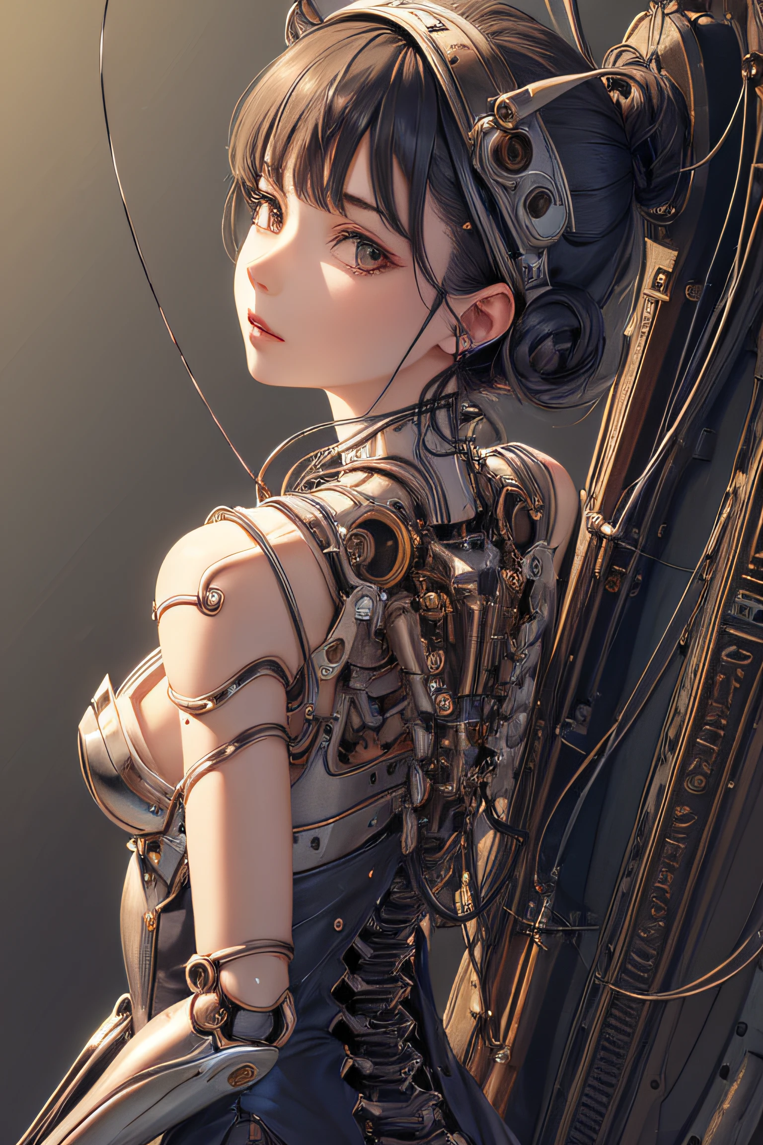 (((masterpiece))), (((best quality))), ((ultra-detailed)), (CG illustration), ((an extremely delicate and beautiful)),(from side),cinematic light, ((1 mechanical girl)), solo person, full bodyesbian,(Machine-made joints:1.2),((Mechanical limb)),(Blood vessel attached to tube),(The mechanical spine is attached to the back),((The mechanical cervical vertebrae are attached to the neck)),(sitted),(Wires and cables around the neck:1.2),(wires and cables on head:1.2)(Character focus),sci-fy,Extremely fine,a color,Thinnest