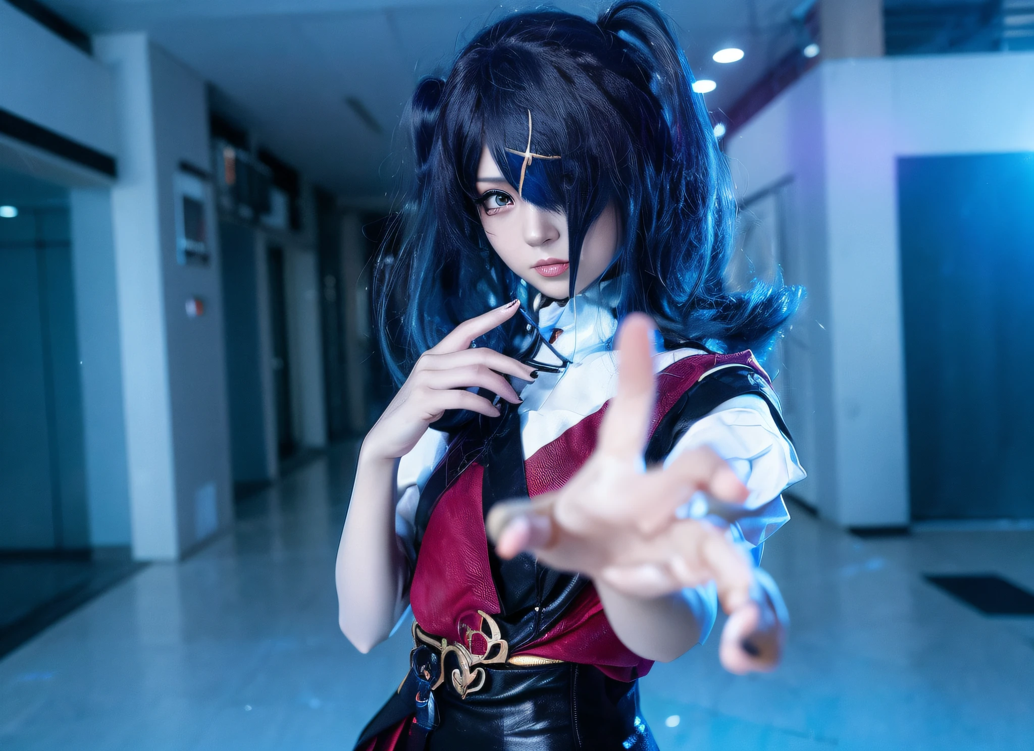 there is a woman in a cosplay outfit posing for a picture, Anime girl cosplay, Anime cosplay, cosplay foto, akane owari danganronpa, cosplay, rpgmaker, professional cosplay, with index finger, tohsaka-rin, Shot on Canon EOS R 6, Ayaka cosplay, Irelia from League of Legends, full-cosplay --auto