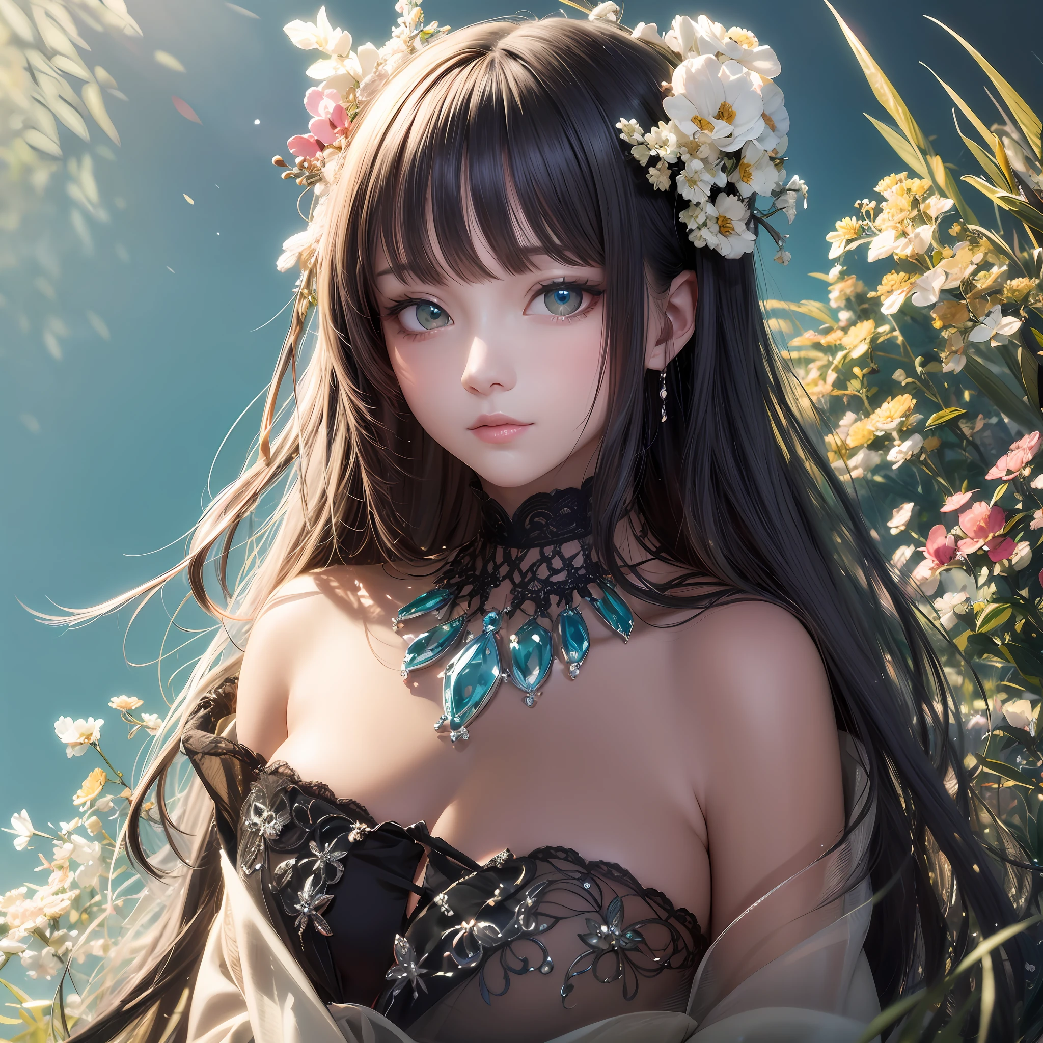 animesque、Clear, moisturized sea green eyes、Beautiful woman like a fashion model、a closeup、portlate、Beautiful, Beautiful black hair without hair ornaments, hight resolution, top-quality, masterpiece, 8k wallpaper、 One Person、Beautiful skin、17age、