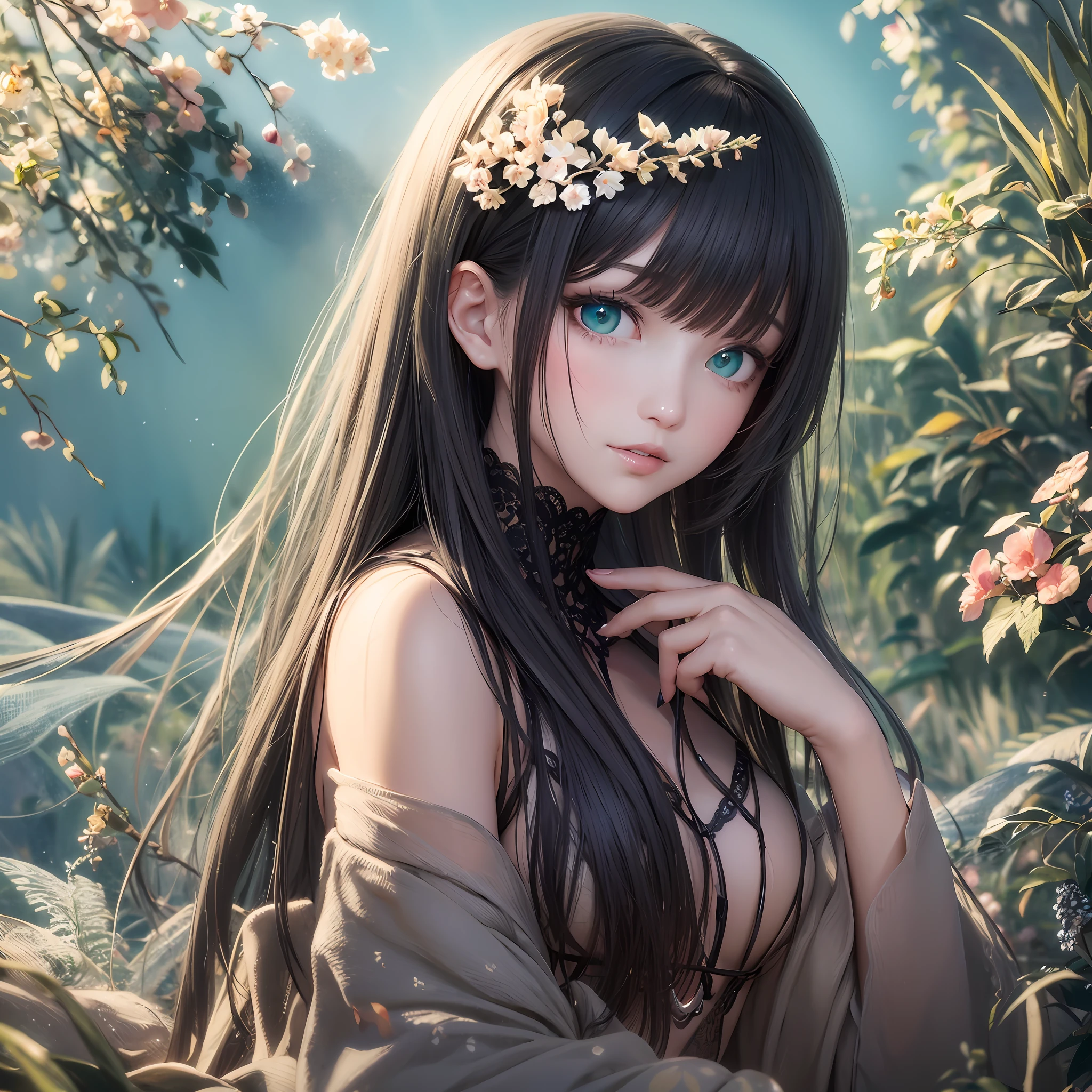 animesque、Clear, moisturized sea green eyes、Beautiful woman like a fashion model、a closeup、portlate、Beautiful, Beautiful black hair without hair ornaments, hight resolution,　top-quality, ​masterpiece, 8k wallpaper、 One Person、Beautiful skin、１７age、