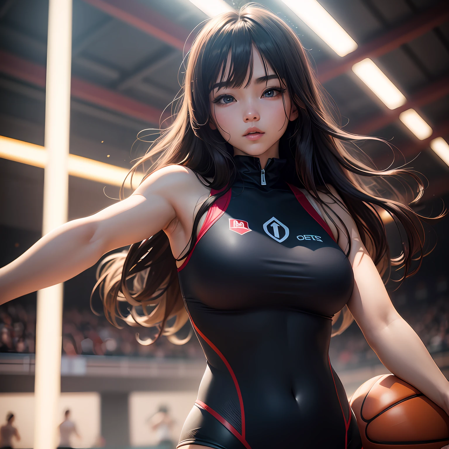 “（8k，best qualtiy，tmasterpiece），（realisticlying，realisticlying），ultra - detailed，A high resolution，profesional lighting，photon maping，Radio City，physically-based renderingt，cinmatic lighting，basketball playground，depth of fields，Clear focus，rays of sunshine，Good composition，bokeh，1个Giant Breast Girl，solo person，full bodyesbian，Keep one's mouth shut，美丽细致的眼睛，lewd poses，a narrow waist，basketball suit，brunette color hair，messy  hair，Long hair flutters in the wind，Super beautiful - 6500，mix4，High-quality body。” --auto