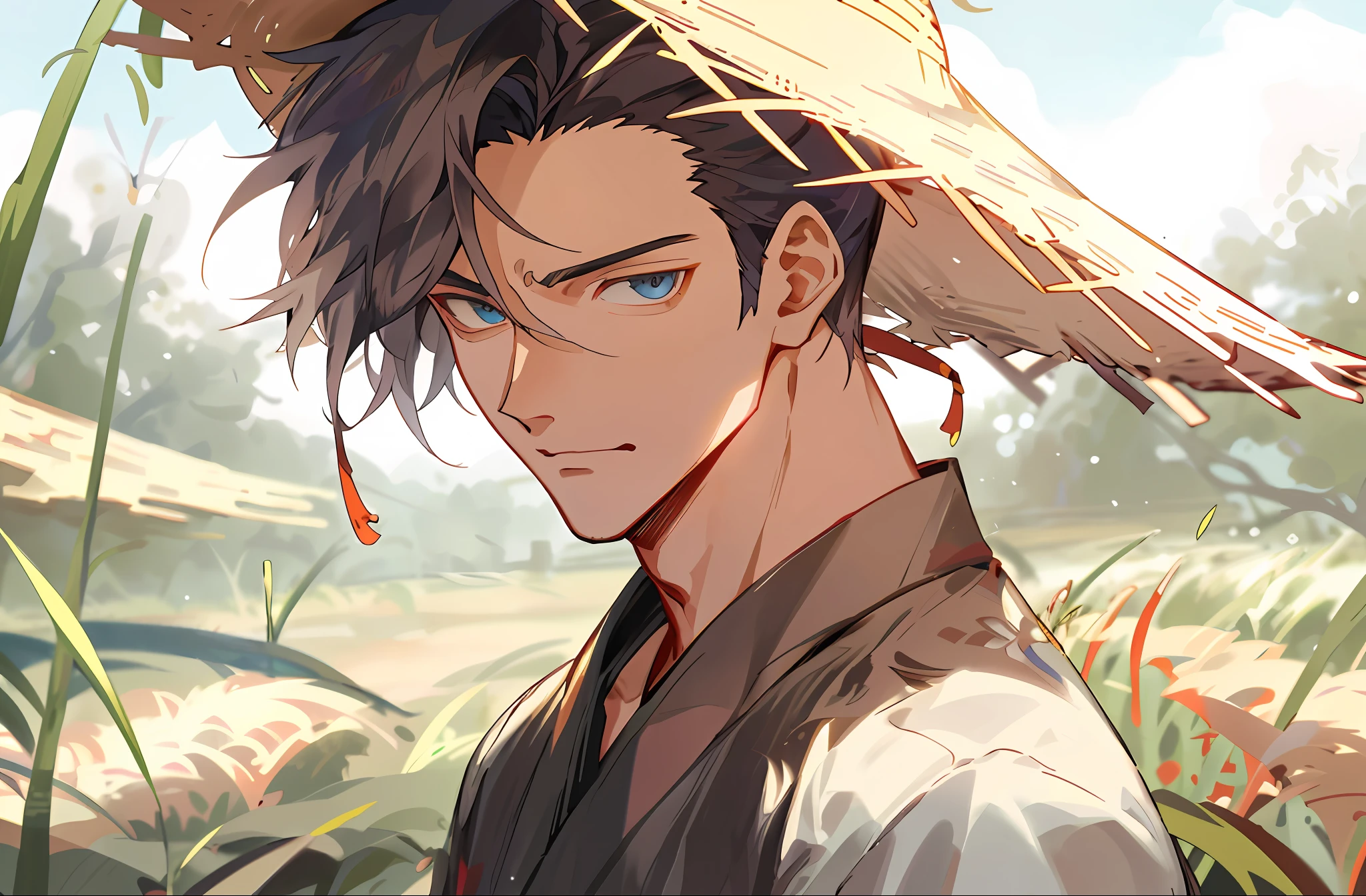 Anime characters standing in fields with straw hats and blue eyes, handsome guy in demon killer art, Anime handsome man, Keqing from Genshin Impact, Kawasi, Anime portrait of a handsome man, Handsome anime pose, Guviz-style artwork, zhongli from genshin impact, taisho roma, male anime character