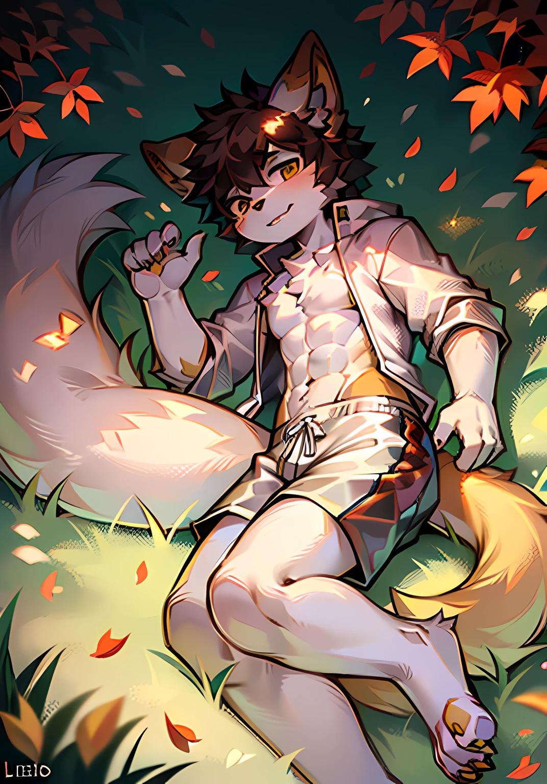 Libido boy,Cat ears,shaggy,large tail,Yellow and white coat color,Bare upper body,height of one meter seven,handsome,Character focus,Abs,Thin in size,Summer shorts,toes,Grass background,Autumn leaves,maple trees,Lie leisurely on the grass