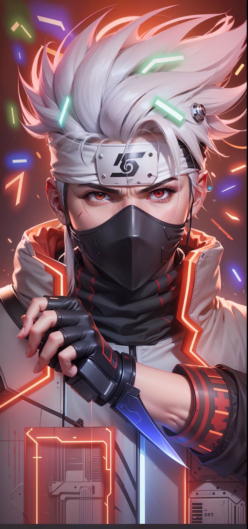 A futuristic ninja with white hair, A cut on left eyes, red eyes, with masker,holding Knife, headband,green jacket,Futuristic,best quality, realism, hatake Kakashi from Naruto, handsome man, realistic, 8k, Best quality, Masterpiece, High resolution, Ultra Realistic, Kakashi, Ninja, Glitch effect, Futuristic tobots, thunder effect, Cinematic photography, 8k wallpaper, Glitch