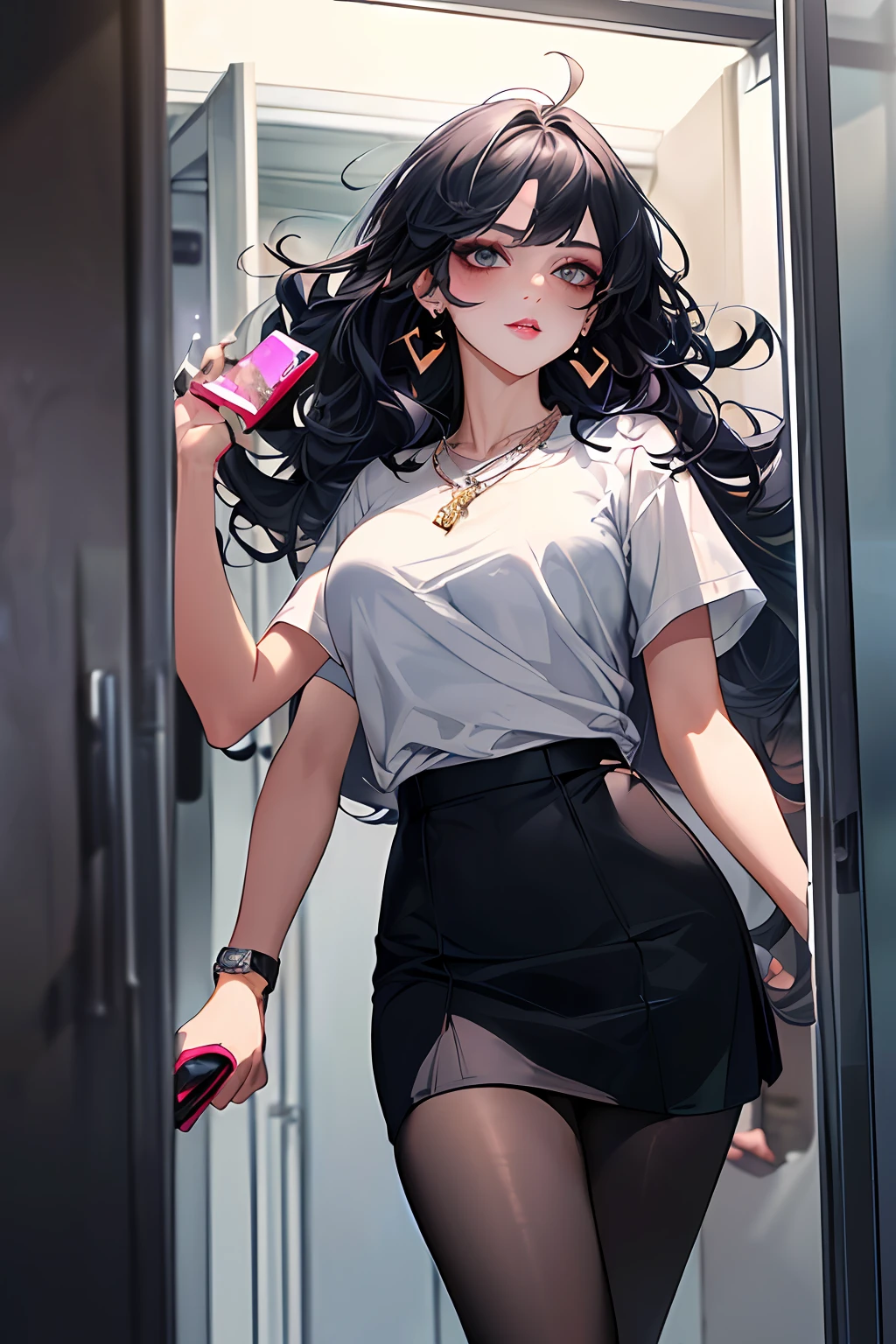 cabelos preto e longos,Black color hair,(best qualtiy,8K,tmasterpiece),(Stand inside the office,Holding a cell phone in his hand,Capture,),(A pretty maiden,having fun,cabelos preto e longos,Long messy hair,curlies,Huge eyes:1.3,Long eyelashes,Delicate makeup:1.4,Sexy lips,Blushlush),(Exquisite watches,Reflective necklace,Bulgari's earrings,Bulgari's ring),(Stand inside the office,Holding a cell phone in his hand,Capture,),(Fashionable outfits,dressed in a white t-shirt),(middle breasts,endure),(Black oily transparent pantyhose),(Black hip skirt),Light ripe,Royal Sister,Best light,Best shadow,电影灯光,28 years old,1girll,Need,(realskin,Supple skin)Ray traching,Unreal Engine 5,Reflective skin,Digital illustration,Game CG characters,super model,(kpop,heartthrob),(Body edge lighting,Colored light sources are around),There is wind blowing hair,
