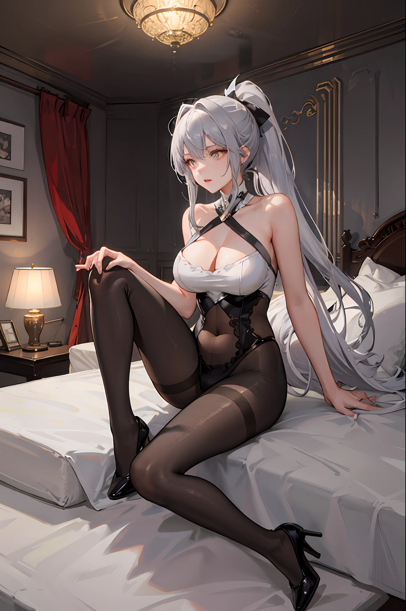 (((1个Giant Breast Girl)),Ray traching,(dim murky lights),[detailedbackground(Bedrooms)),((Silvery hair)),((Silvery hair)),(((((Fluffy silver hair,plump and slender girl))Wears a high ponytail)))Avoid golden eyes in the ominous bedroom((((Girl wearing intricately embroidered black high-waisted pants,Pantyhose and extra high heels)),It shows a delicate and slender figure and beautiful curves,Correct limbs,sit on a bed,Split legs
