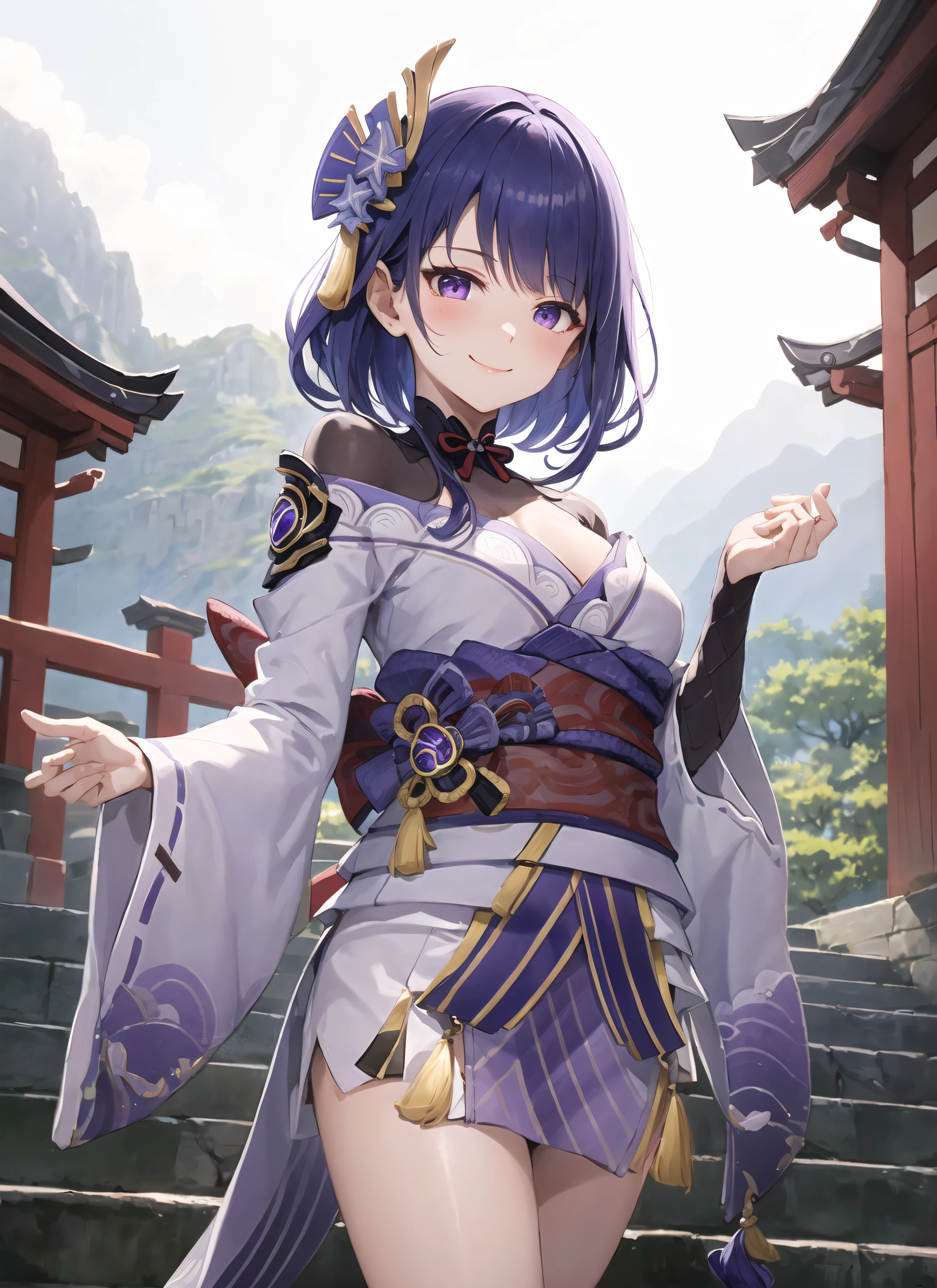 raidenshogundef, upper body, smile, blush, outdoors, day, simple background, blue sky, short hair, sky, temple, looking at viewer, stairs, mountain, moody lighting, facing viewer,