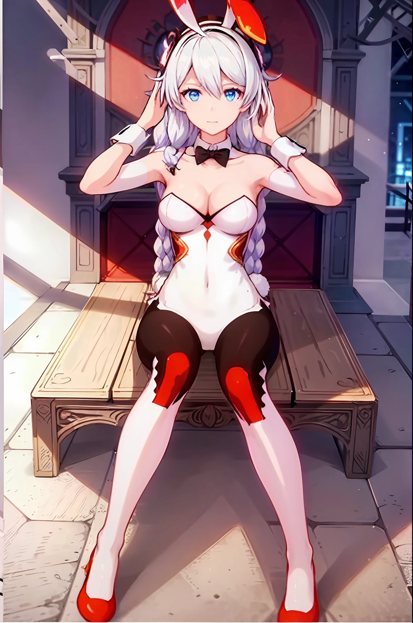 Woman in a strip club, Striptease Club Lights,(dressed as rabbit:1.3), Red Uniform, ((bunny girl)), bunny ears, good hand,4k, Hi-Res, 巨作, Best Quality, head:1.3,((Hasselblad photography)), finely detailed skin, sharp focus, (cinematic lighting), soft lighting, dynamic angle, [:(detailed face:1.2):0.2], medium  breasts,(((sitting on the couch))), White hair