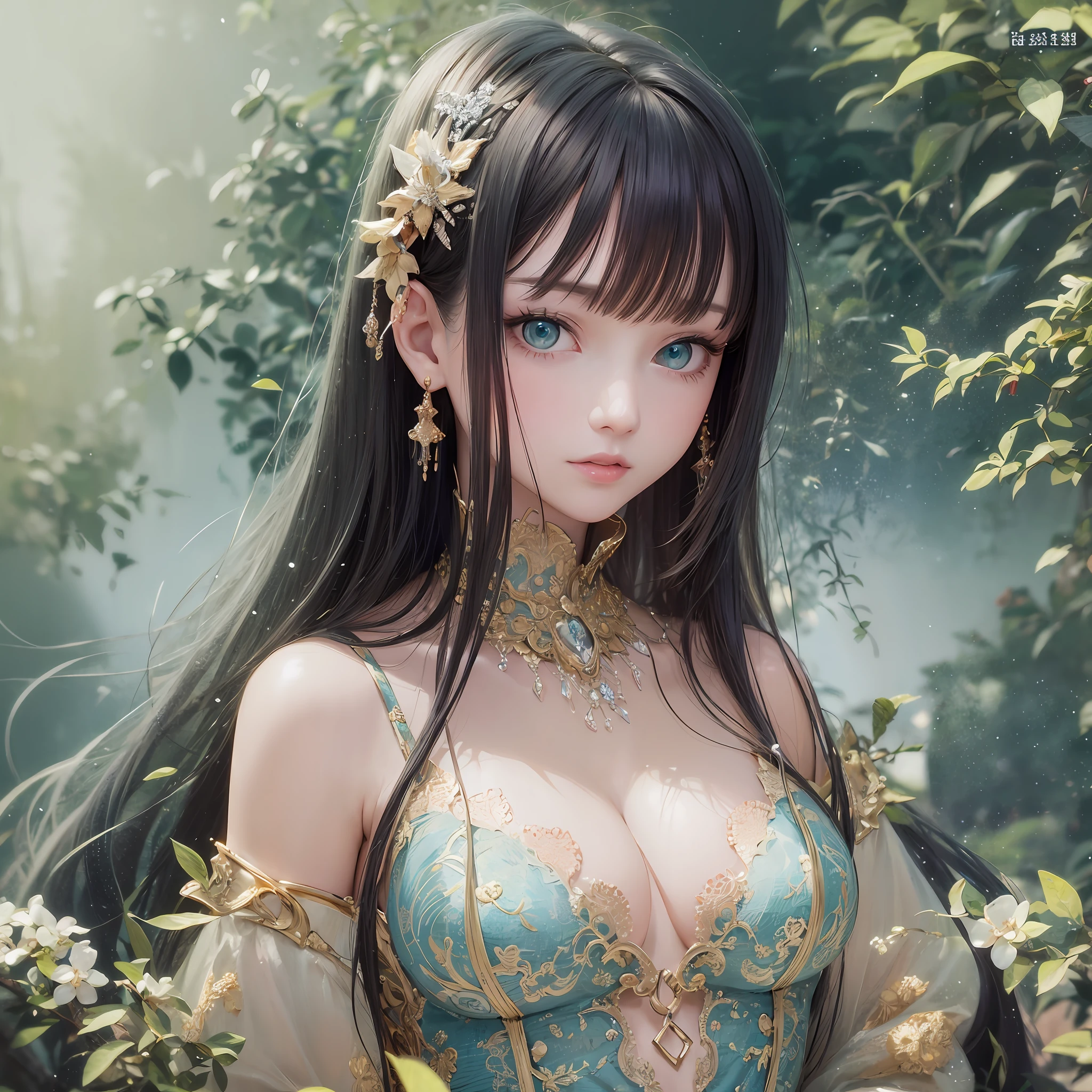 animesque、Clear, moisturized sea green eyes、Beautiful woman like a fashion model、a closeup、portlate、Beautiful, Beautiful black hair without hair ornaments, hight resolution, top-quality, masterpiece, 8k wallpaper、 One Person、Beautiful skin、17age、