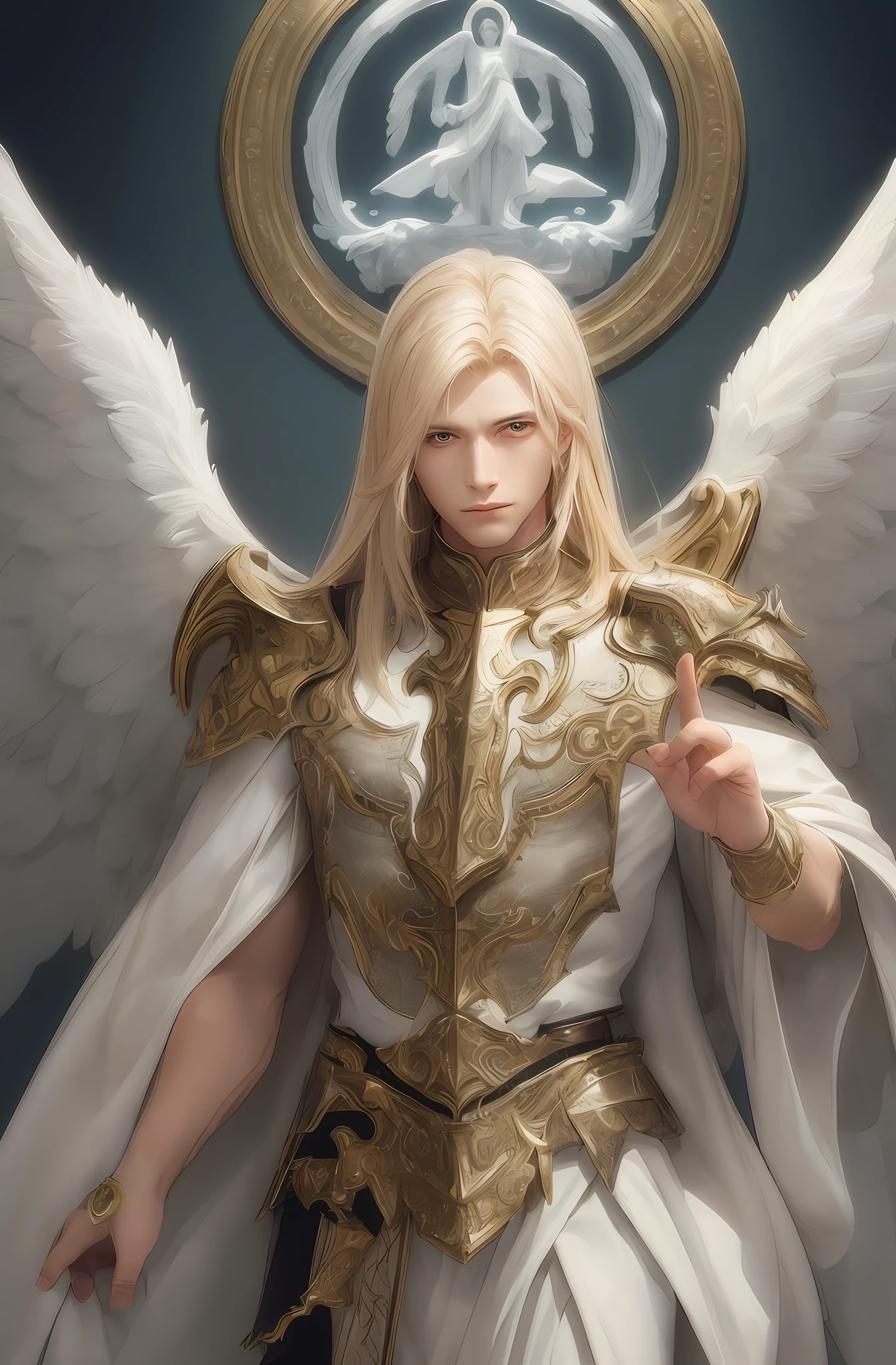 Create a pastor with a bible praying and while he stops angels fighting demons