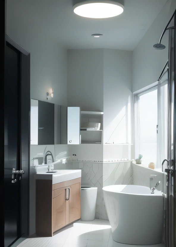Complete bathroom products，Bathroom cabinet included、Shower room、tinas、wash basin, etc。Curved shape in modern design。Bathroom products use glossy metal。The overall color tone is modern black