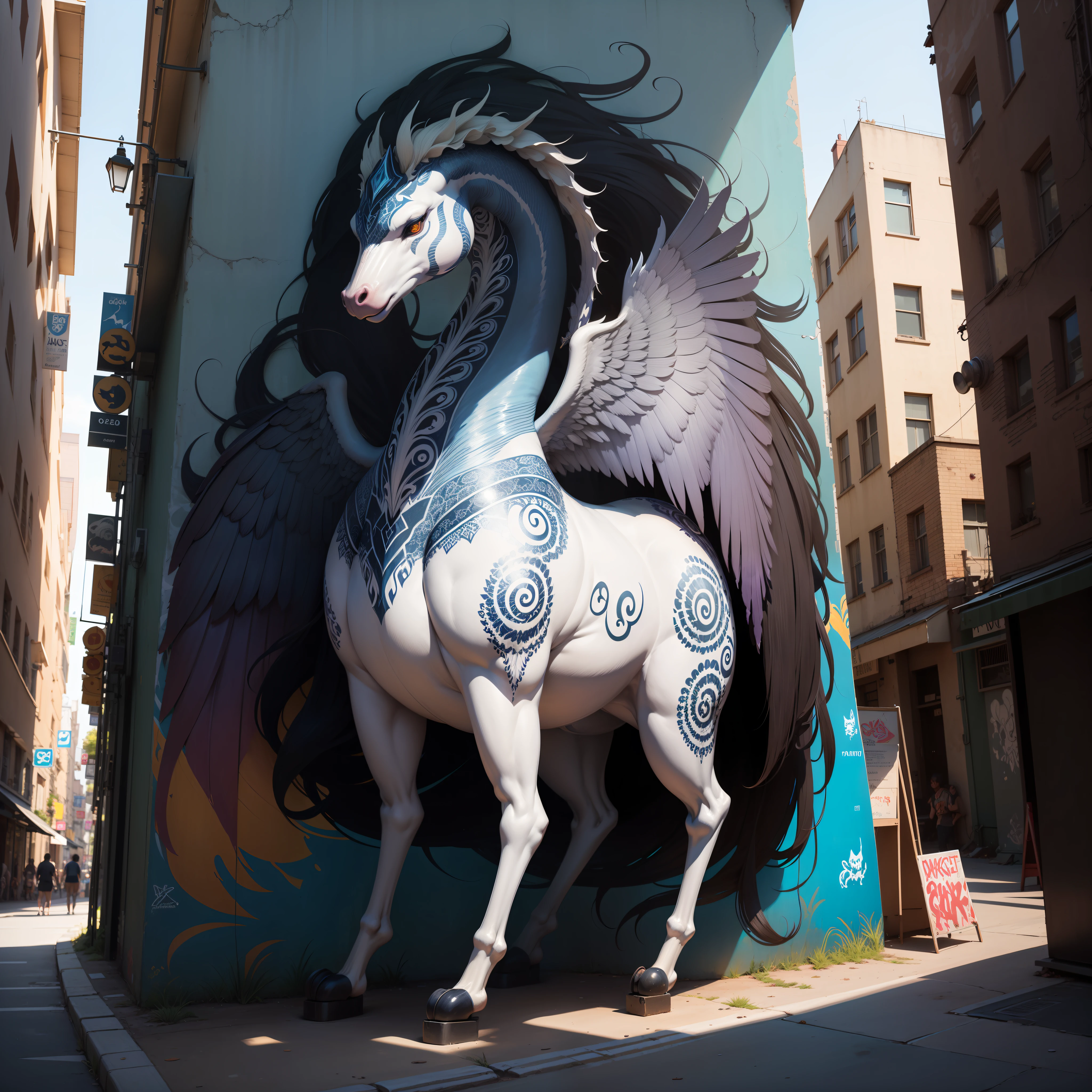 A graffiti-style mural of a mythical creature, with intricate details and shading on a wide street wall