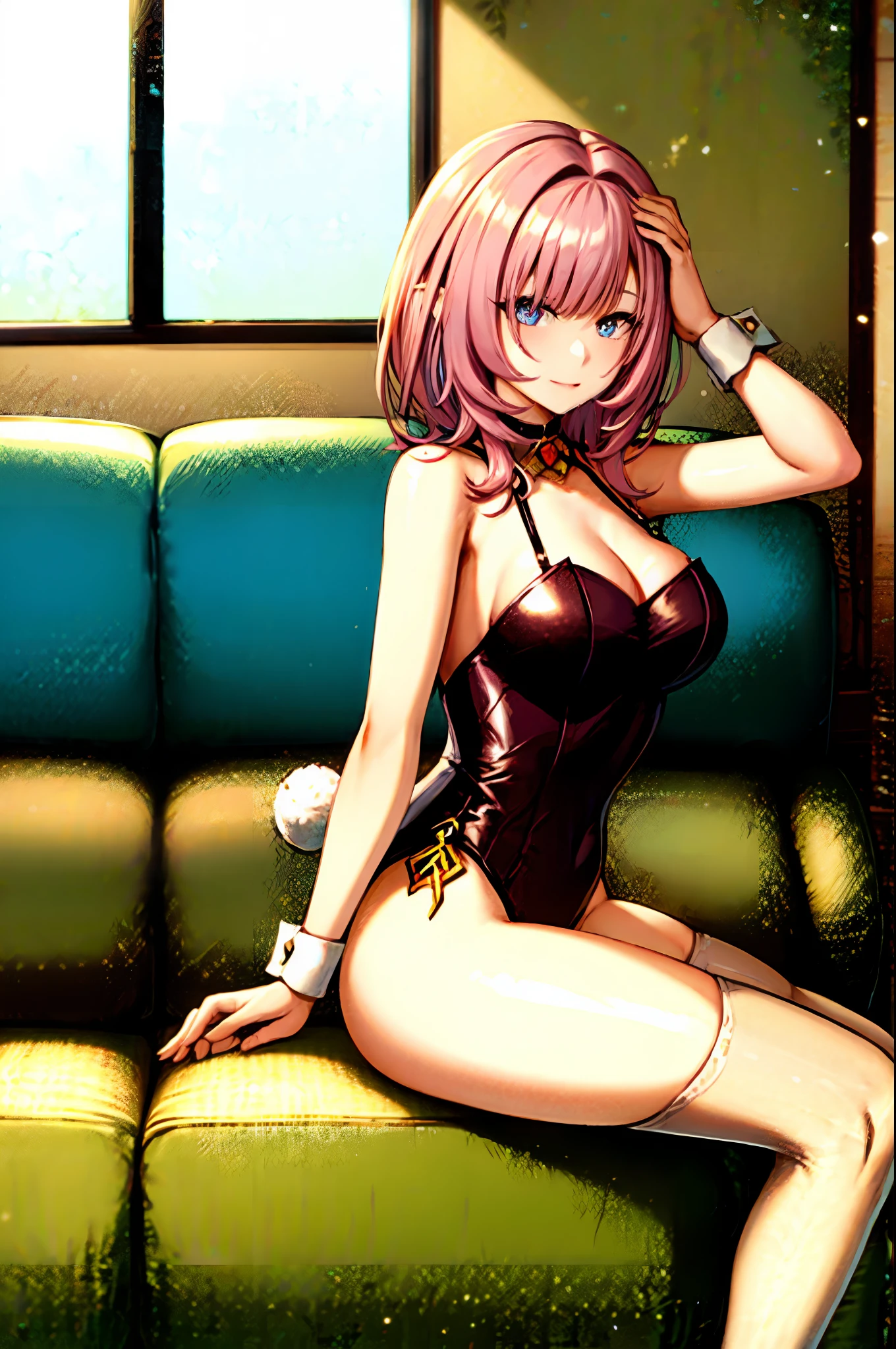 Woman in a strip club, Striptease Club Lights,(dressed as rabbit:1.3),Red Uniform,
good hand,4k, Hi-Res, 巨作, Best Quality, head:1.3,((Hasselblad photography)), finely detailed skin, sharp focus, (cinematic lighting), soft lighting, dynamic angle, [:(detailed face:1.2):0.2], medium  breasts,(((sitting on the couch))),  Pink hair