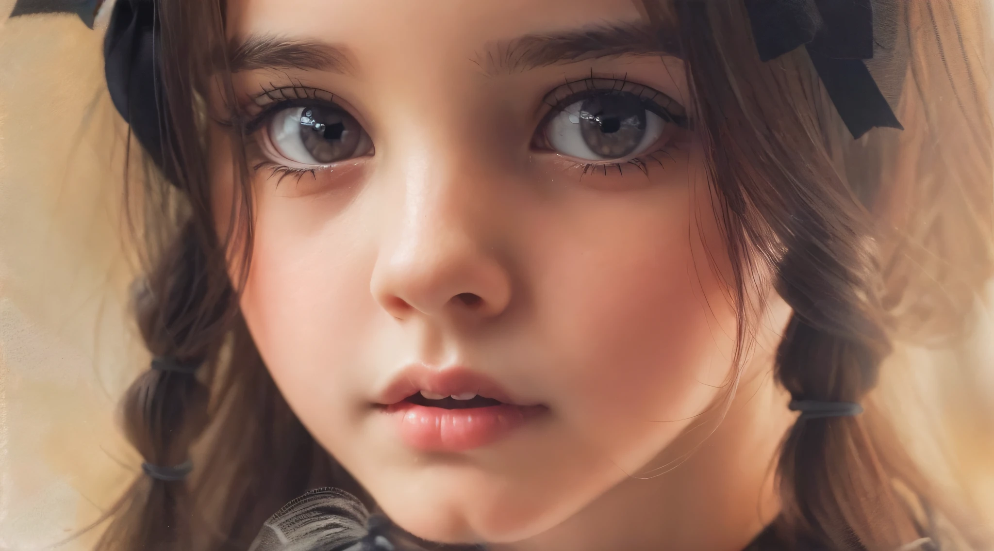 CHILD girl with a black bow and a black dress, girl with dark brown hair, girl with brown hair, black hair ribbons, a beautiful teenager-old, wearing hair bow, young girl, brown hair and big eyes, half-length photo, photo of young woman, young, beautiful girl, she is about 1 6