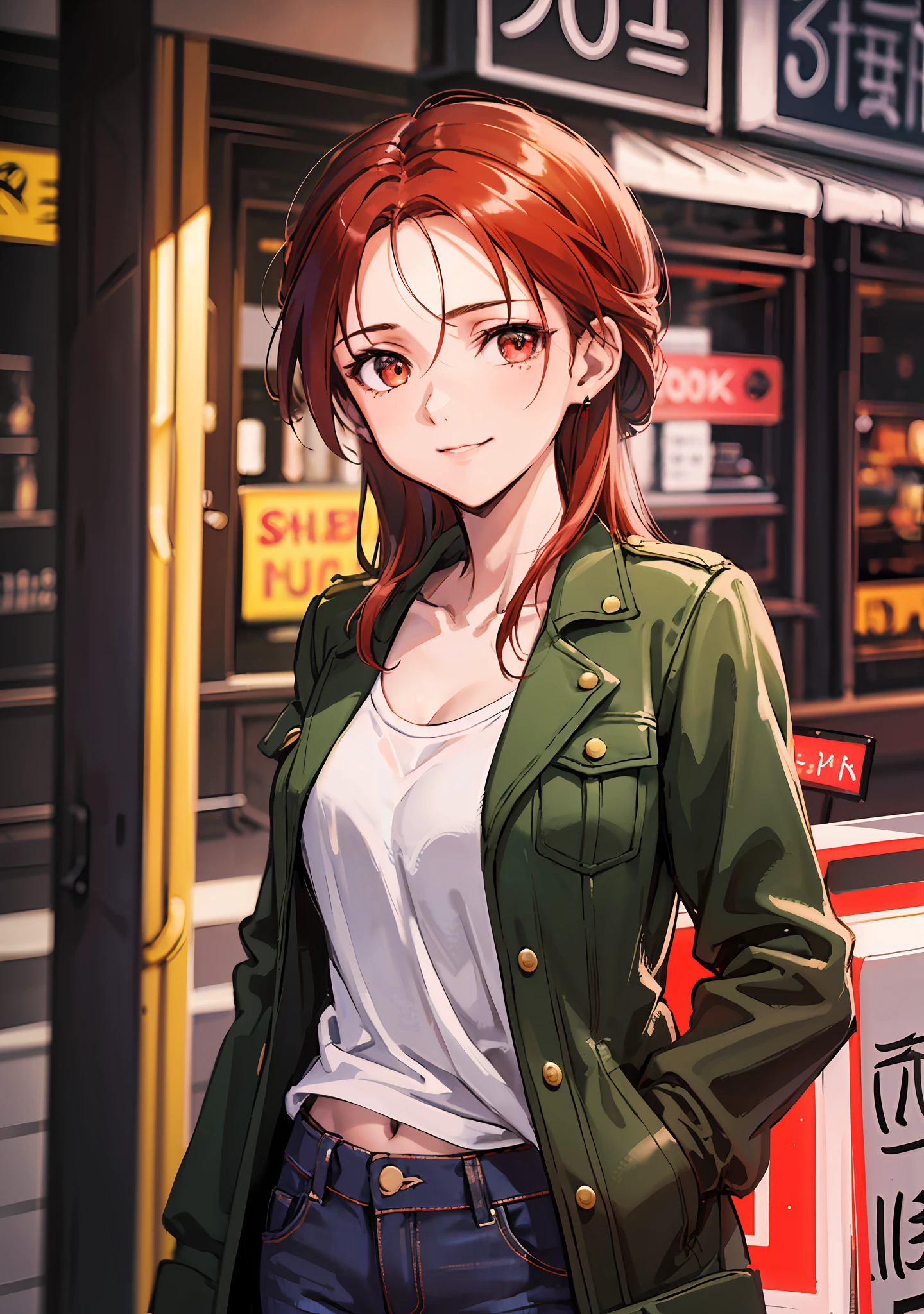 (highres, best quality:1.2), 1girl, Shaft artstyle, 1girl, sparkling eyes, radiance, soft contours, beautiful drawing, upper body, concept art, neon light, eyelashes, red hair, minna dietlinde wilke, red eyes, casual wear, gentle smile, jacket, jeans,