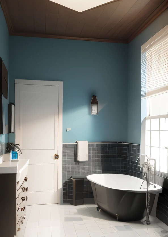 Complete bathroom products,Bathroom cabinet included、Shower room、tinas、wash basin, etc。Curved shape in modern design。Bathroom products use glossy metal。The overall color tone is modern black。Be sure to have both a sink and a bathtub