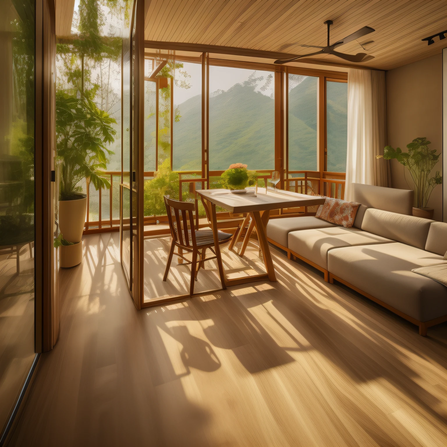 interior design、Insanely detailed wide-angle architectural photo、Cozy contemporary living room、(Bright and warm sunlight 1:0.1)、Award-winning contemporary interior design、landscapes、The table、a chair、inside the house、Wooden flooring、window、resturant、east asian east asian architecture、sliding paper doors、abajour、architectural、the woods、naturey、cups、a plant、interior design、Insert lighting and shadows、depth of fields、low illuminance、