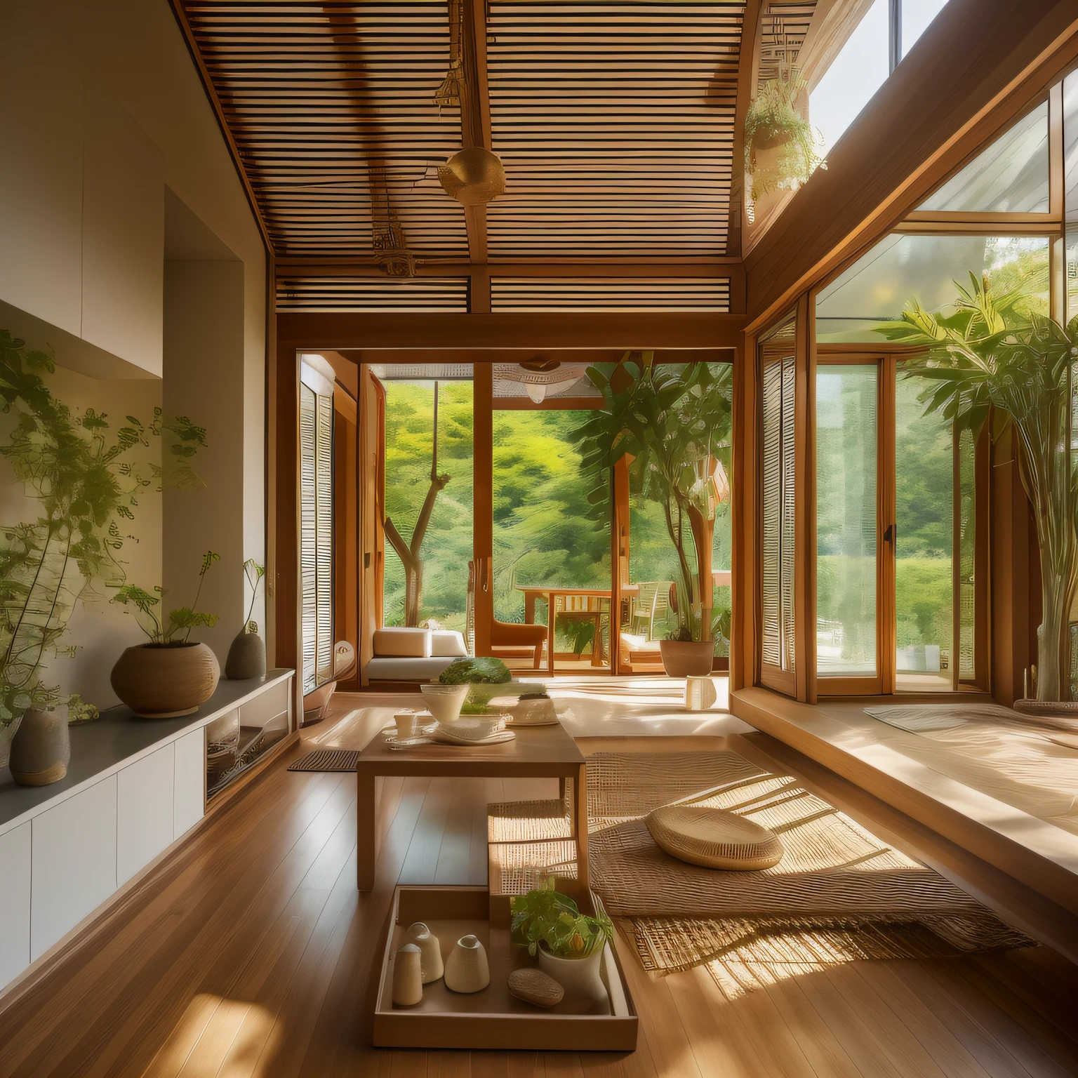 interior design、Insanely detailed wide-angle architectural photo、Cozy contemporary living room、(Bright and warm sunlight 1:0.1)、Award-winning contemporary interior design、landscapes、The table、a chair、inside the house、Wooden flooring、window、resturant、east asian east asian architecture、sliding paper doors、abajour、architectural、the woods、naturey、cups、a plant、interior design、Insert lighting and shadows、depth of fields、low illuminance、