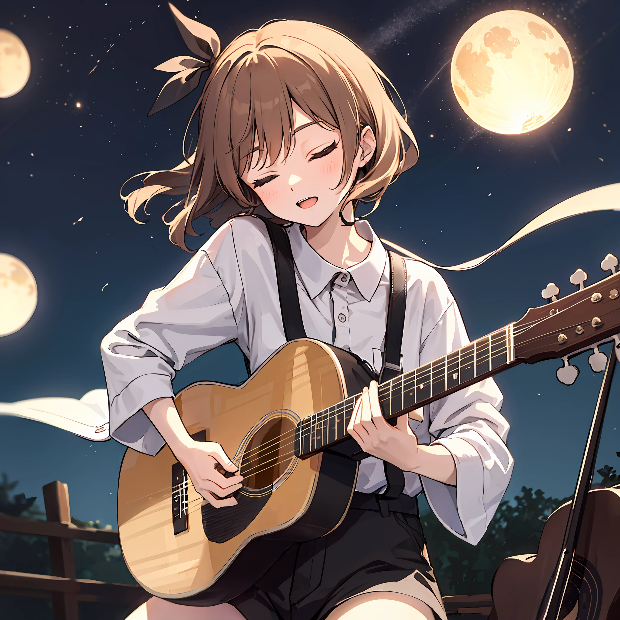 ((natta)),((acoustic guitar)),femele,Night view,Beautiful fece,Play with your eyes closed,high-level image quality,only one acoustic guitar