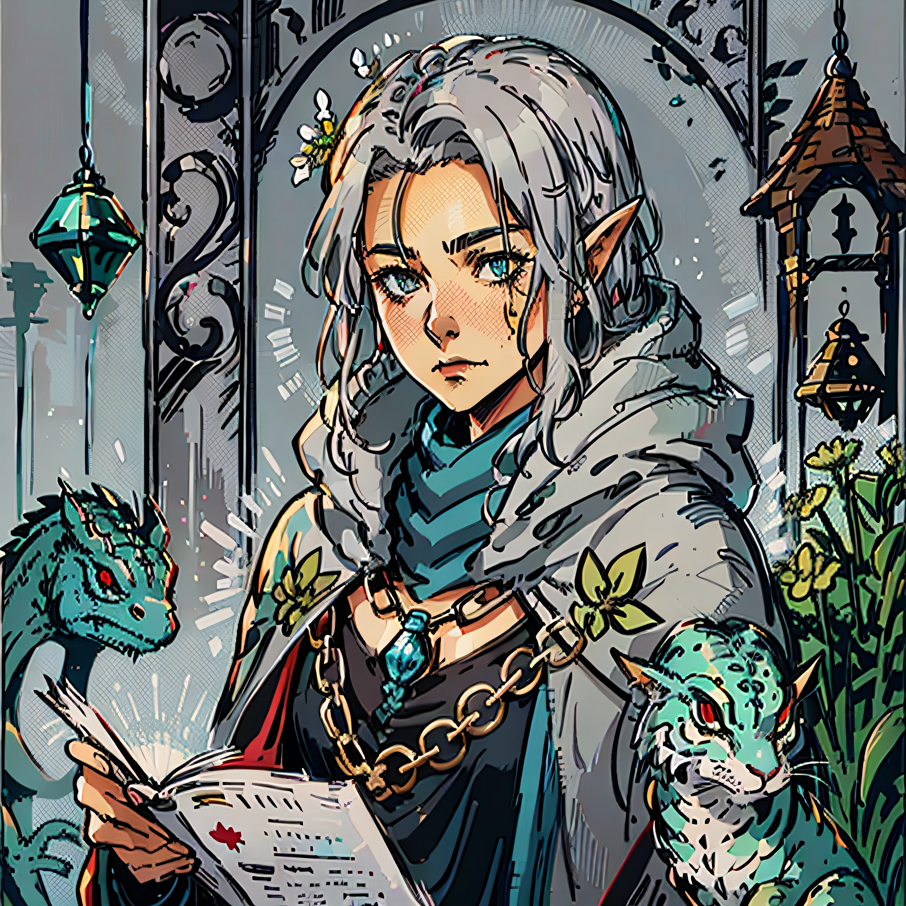 dnd, (human1.2) , (grey cloak), warlock, rpg , medieval fantasy, character portrait, (wizard), (lizard face look a like),