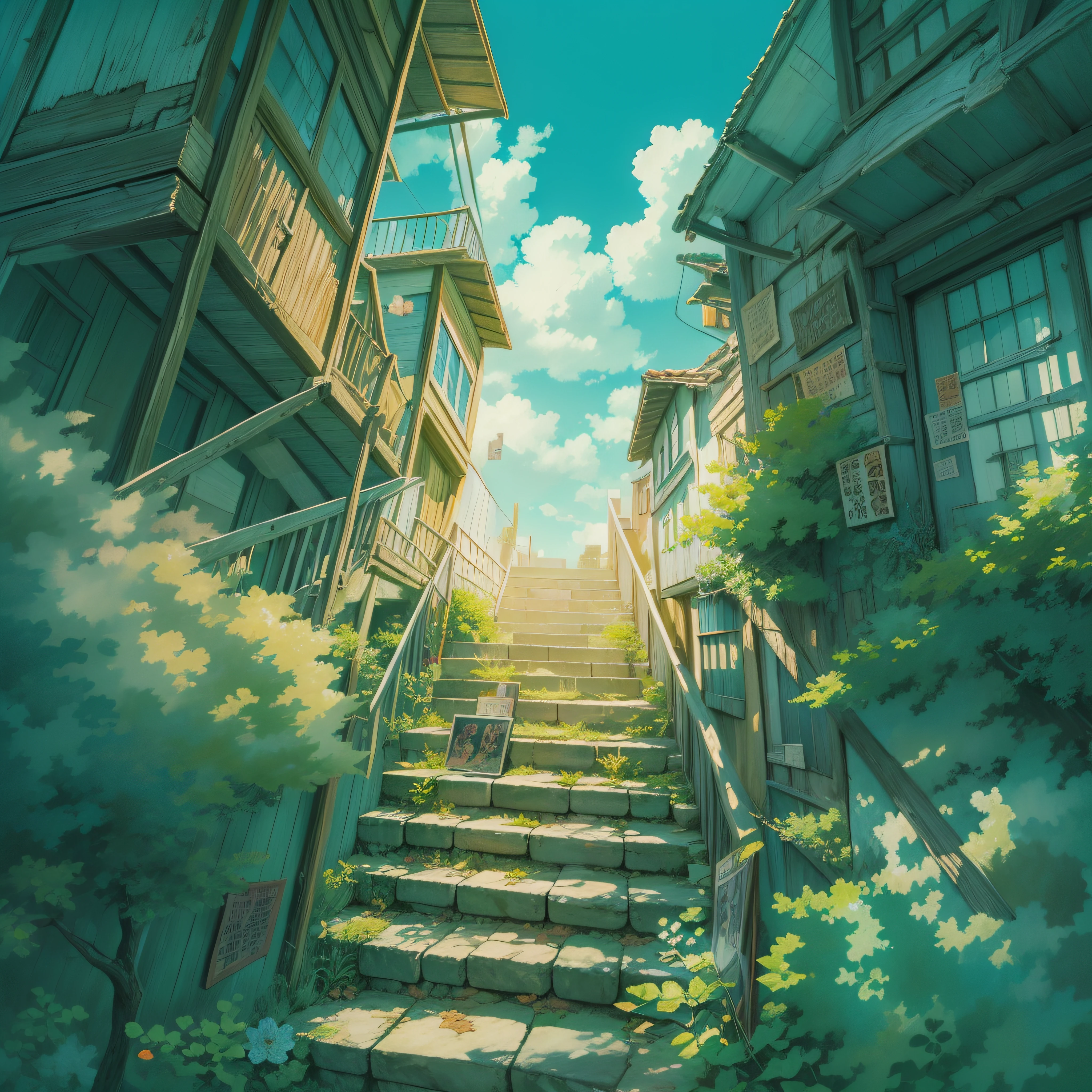 animesque、Skyscape with clouds、blue open sky、Deities々Shikai、stairway、You can see the touch of the brush、no human figures、Studio Ghibli、Ghibli、Scenery、Style、The light is sparkling、sky line、low angles