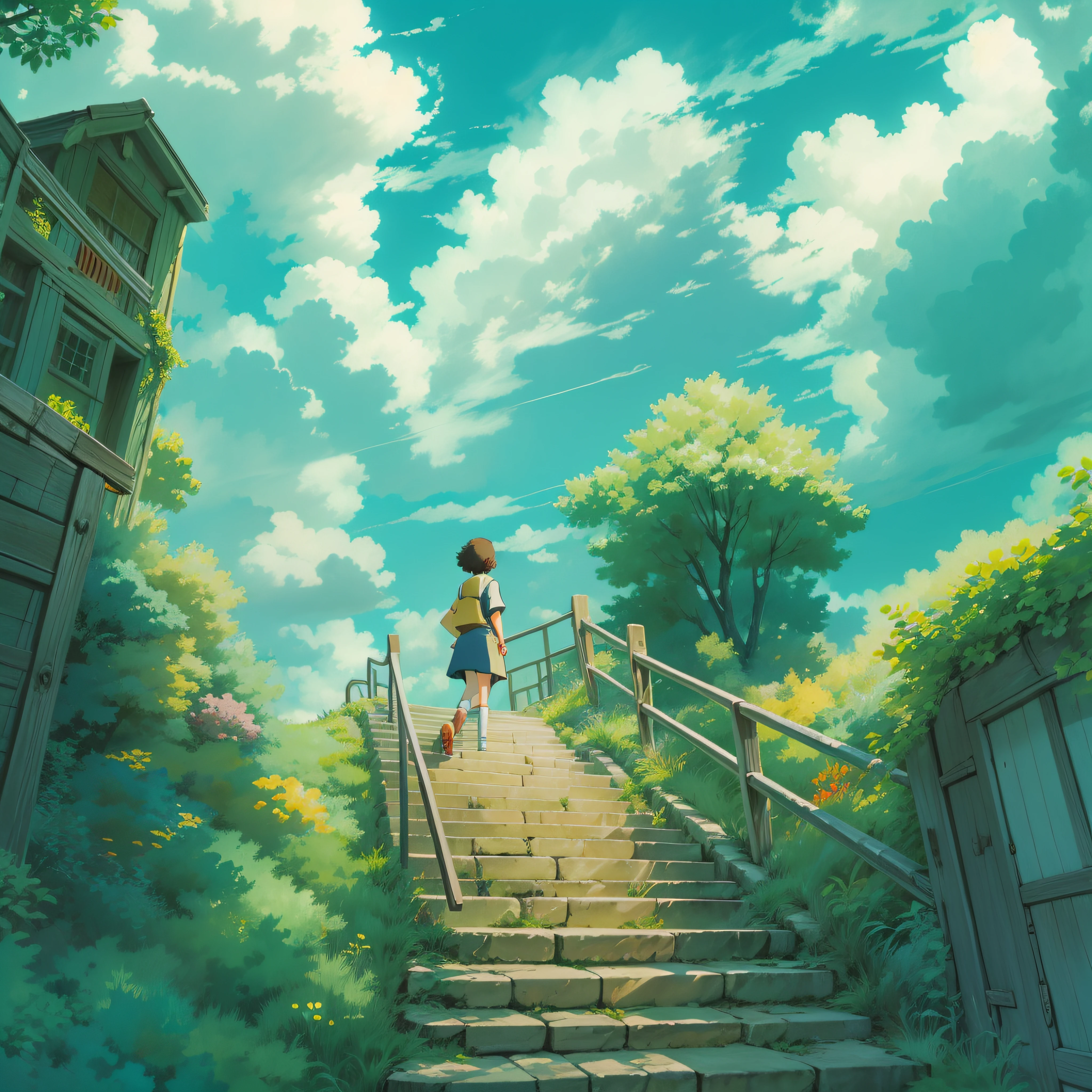 animesque、Skyscape with clouds、blue open sky、Deities々Shikai、stairway、You can see the touch of the brush、no human figures、Studio Ghibli、Ghibli、Scenery、Style、The light is sparkling、sky line、low angles