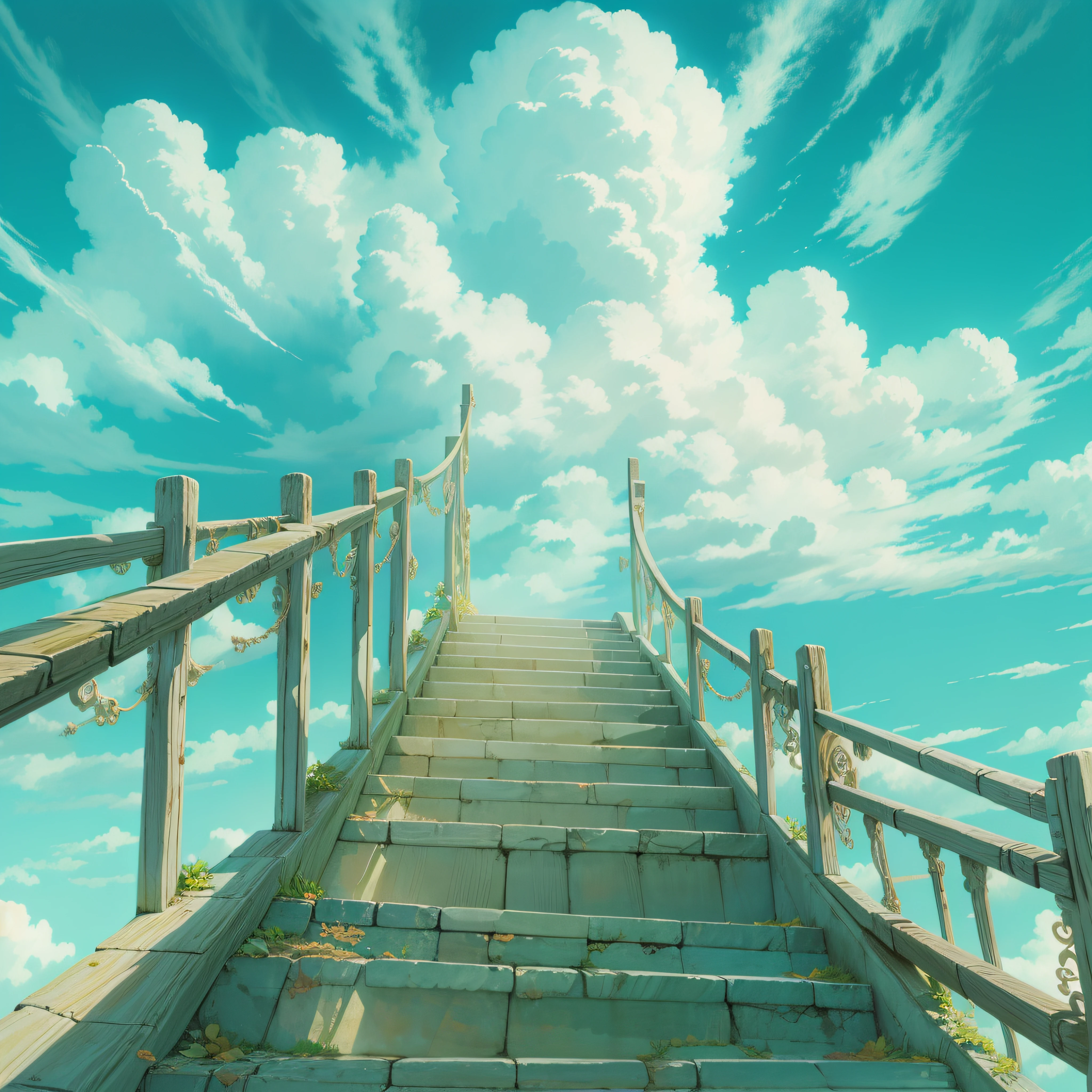animesque、Skyscape with clouds、blue open sky、Deities々Shikai、stairway、You can see the touch of the brush、no human figures、Studio Ghibli、Ghibli、Scenery、Style、The light is sparkling、sky line、low angles