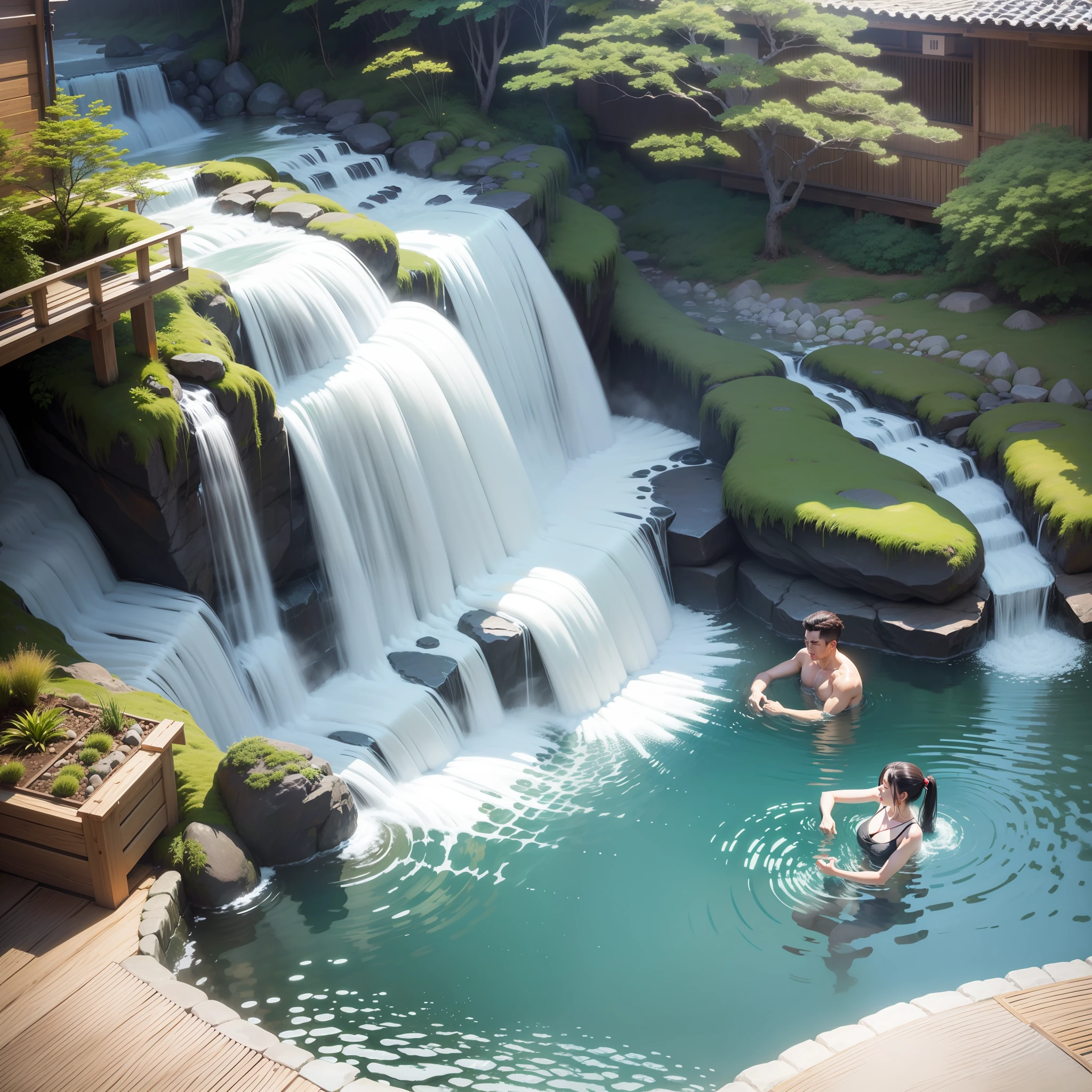 Huge open-air bath huge waterfall hot onsen top-quality Flowing masterpiece 超A high resolution pleasing