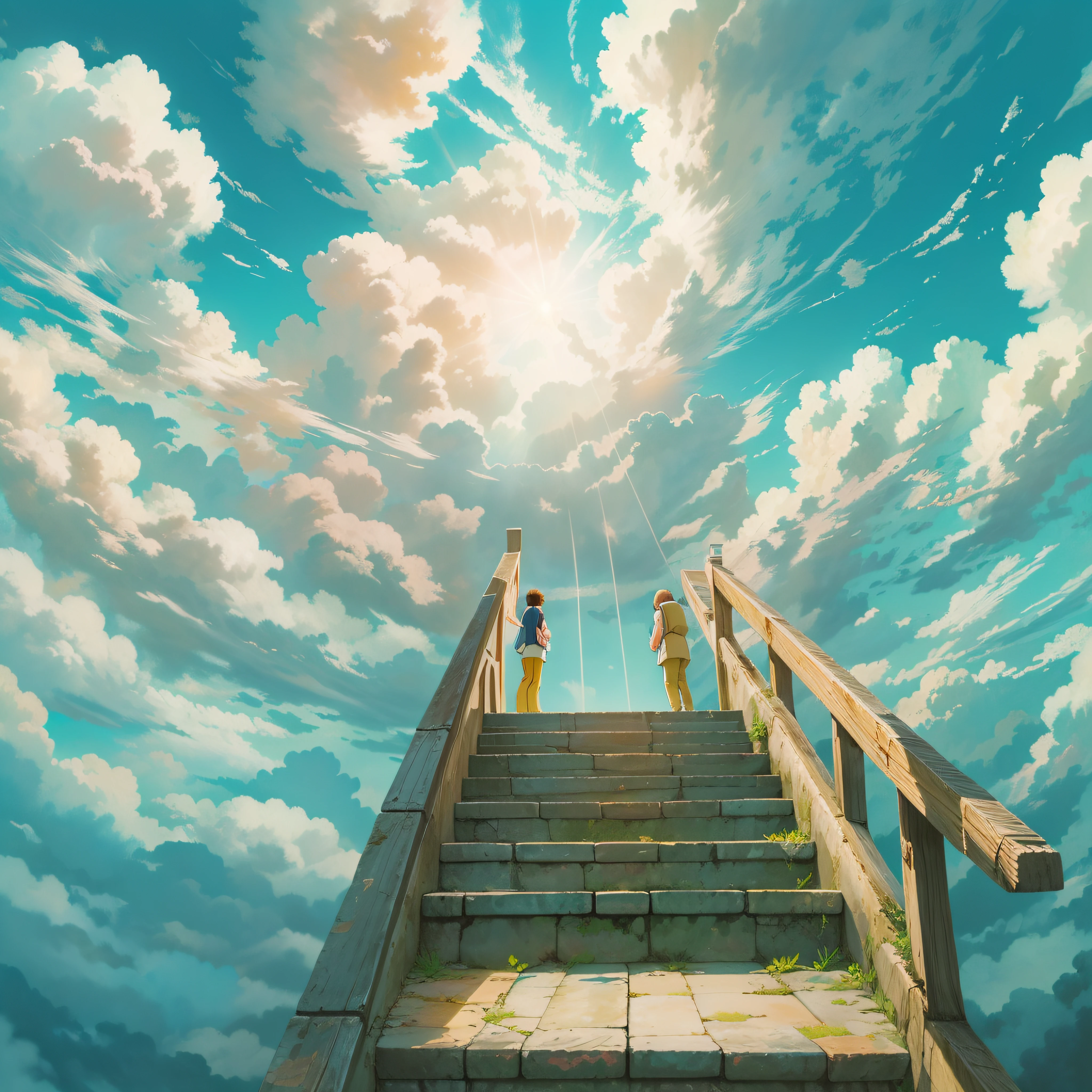 animesque、Skyscape with clouds、blue open sky、Deities々Shikai、stairway、You can see the touch of the brush、no human figures、Studio Ghibli、Ghibli、Scenery、Style、The light is sparkling、sky line、low angles