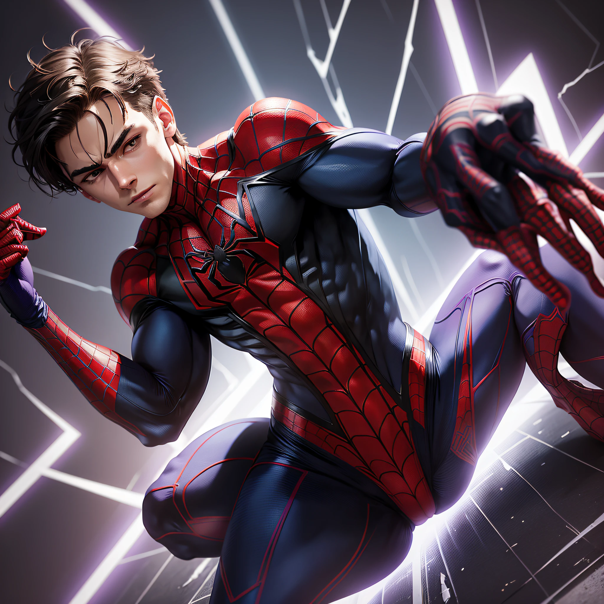 Make a spider-man with the purple colors on his legs with black strokes and the red and blue chest and head with the hand with the black color --auto