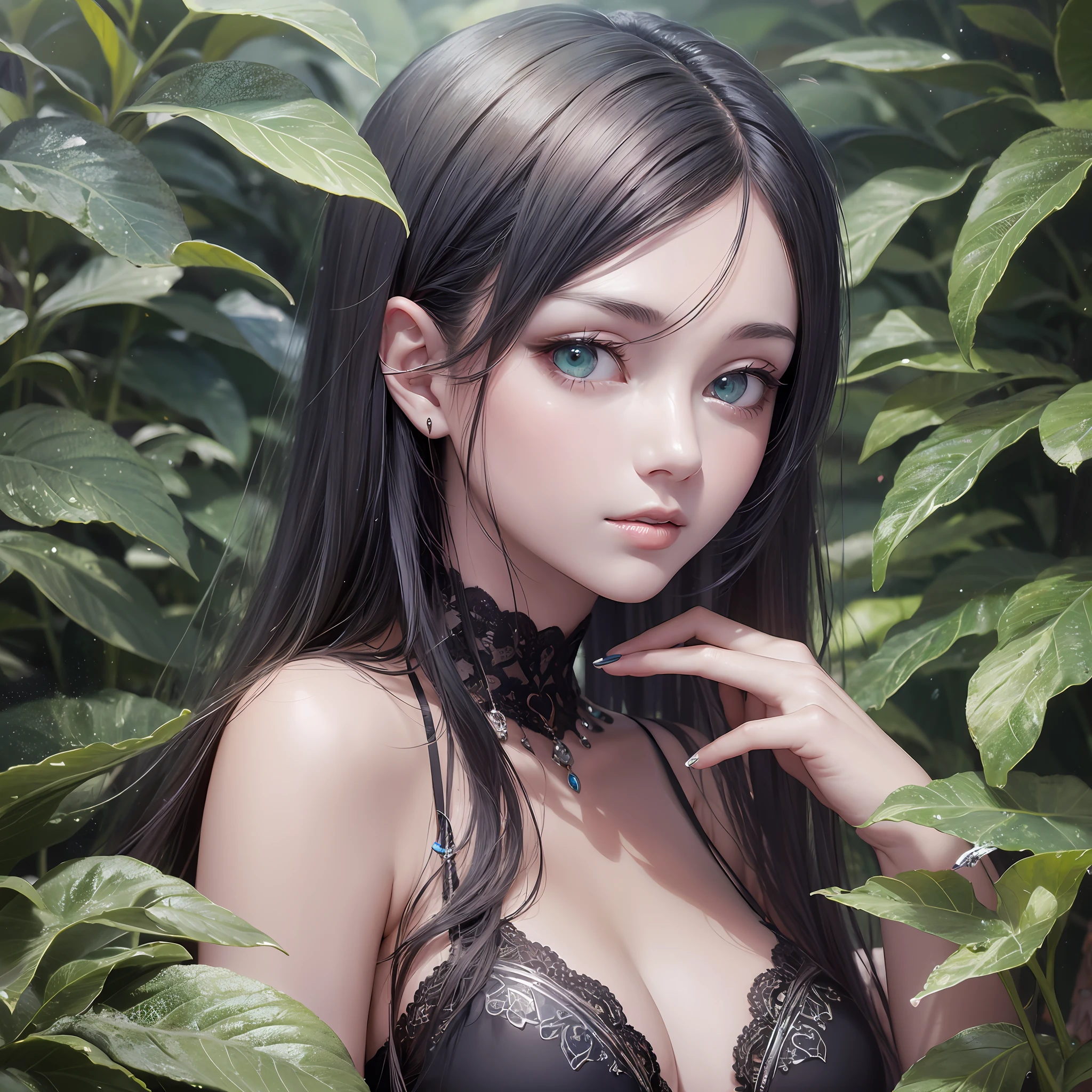 animesque、Clear, Moisturizing sea green eyes、Beautiful woman like a fashion model、a closeup、portlate、Beautiful, Beautiful black hair without hair ornaments, hight resolution, top-quality, masterpiece, 8k wallpaper、 One Person、Beautiful skin、17age、