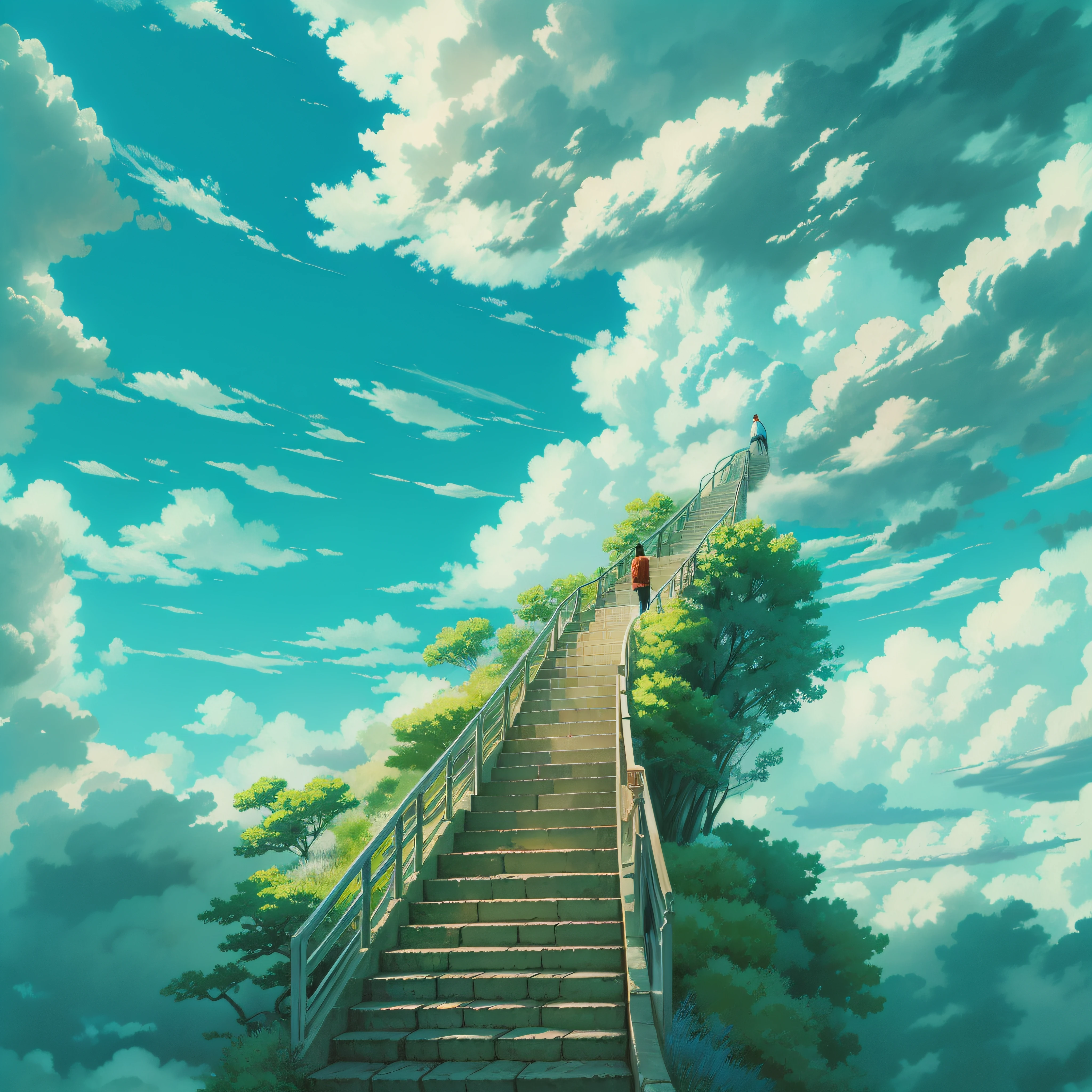 animesque、Skyscape with clouds、blue open sky、Deities々Shikai、stairway、You can see the touch of the brush、no human figures、Studio Ghibli、Ghibli、Scenery、Style、The light is sparkling、sky line、low angles