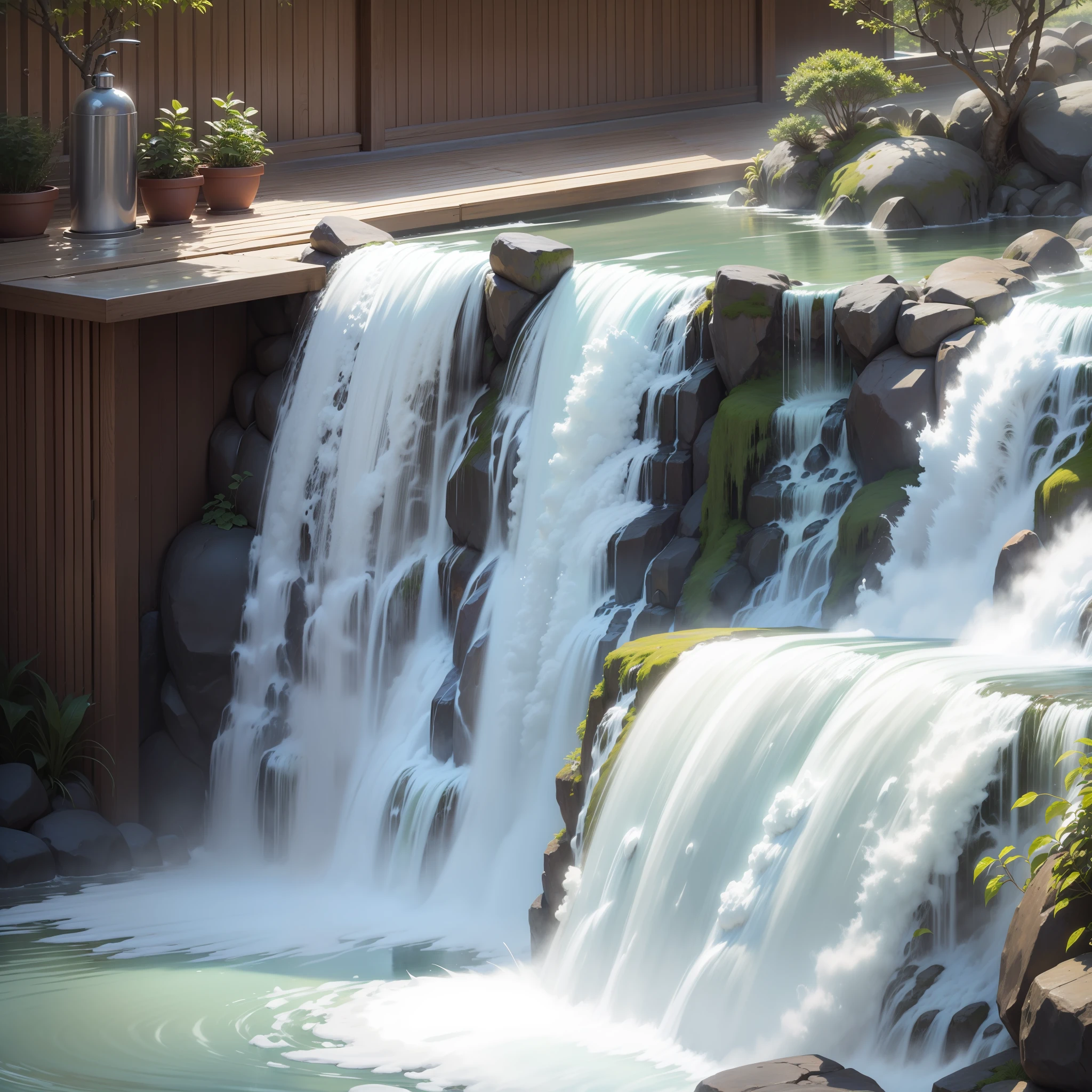 outdoor bath　huge waterfall　hot onsen　top-quality　Flowing　​masterpiece　超A high resolution　Beautiful fece