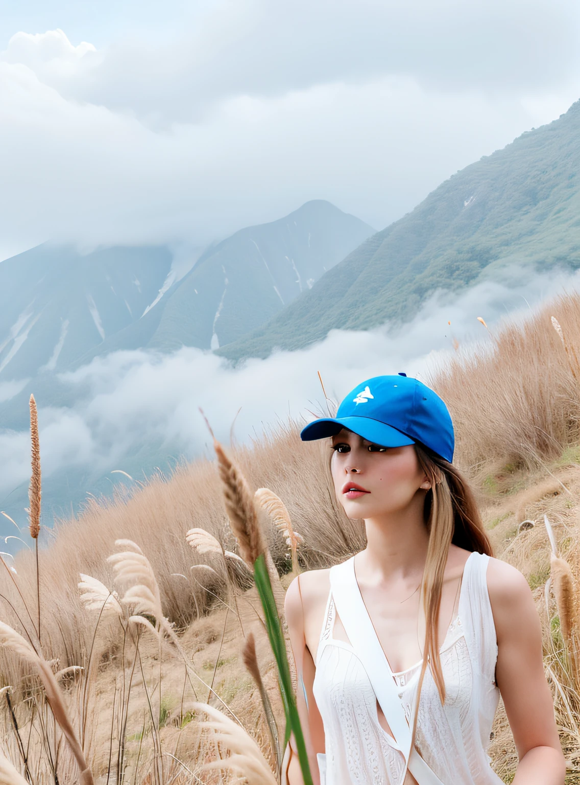 there is a woman standing in a field of tall grass, onthe mountain, In the mountains, with the mountains in the background, with the mountains in the background, with the mountains in the background, onthe mountain, sitting cutely on a mountain, girl standing on mountain, in the middle of nature, onthe mountain, Stand in front of Mt, in a cloud, on deep forest peak