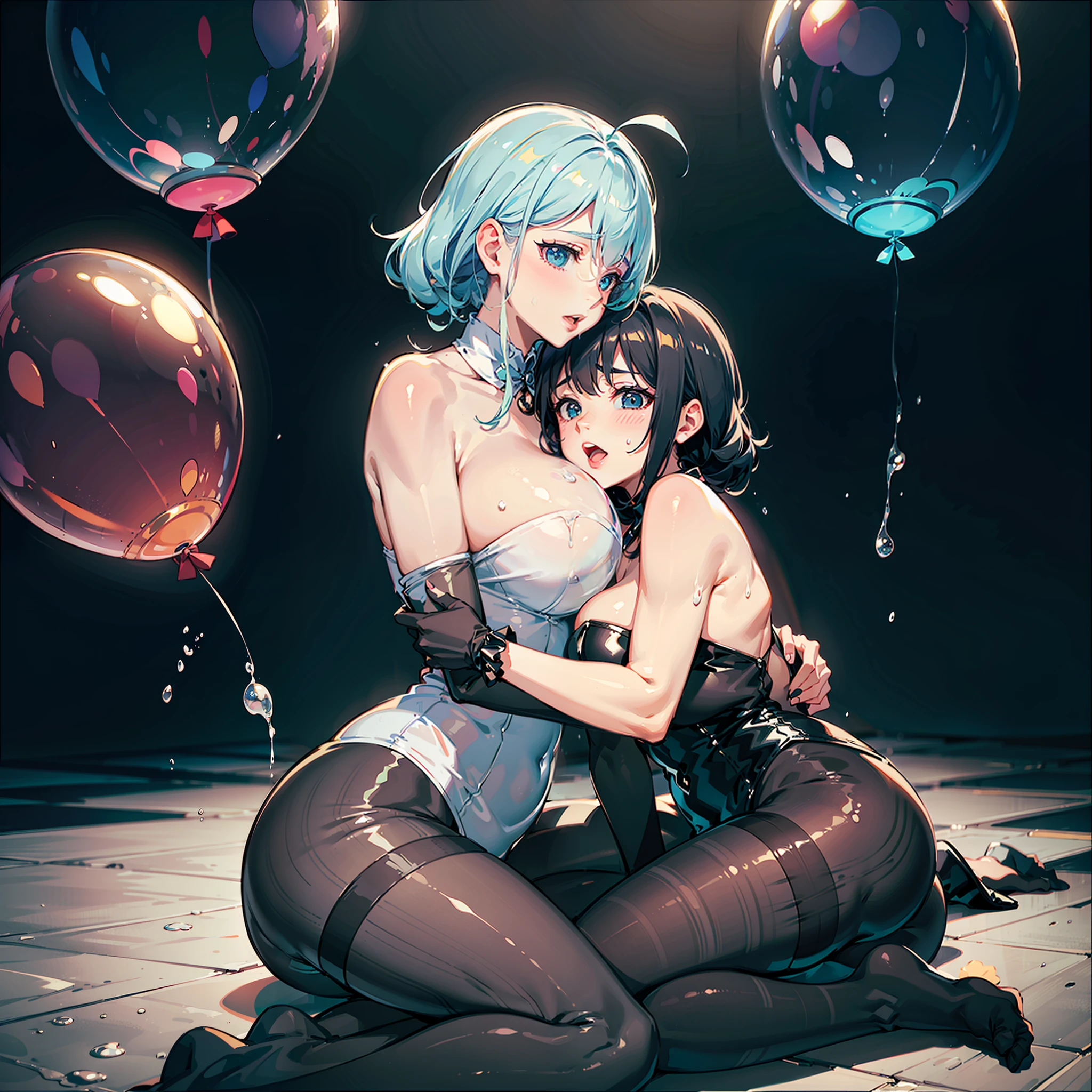 High quality, Filled with many large oval balloons with a three-dimensional texture, Balloon Shop, 2girls,age 40s, Adult Woman, Large breasts, Big oval balloons hugging each other, Intense and embarrassing feelings, Sticky milky white liquid vigorously from the , Clear face, 5 thin fingers, Thin pantyhose in black
