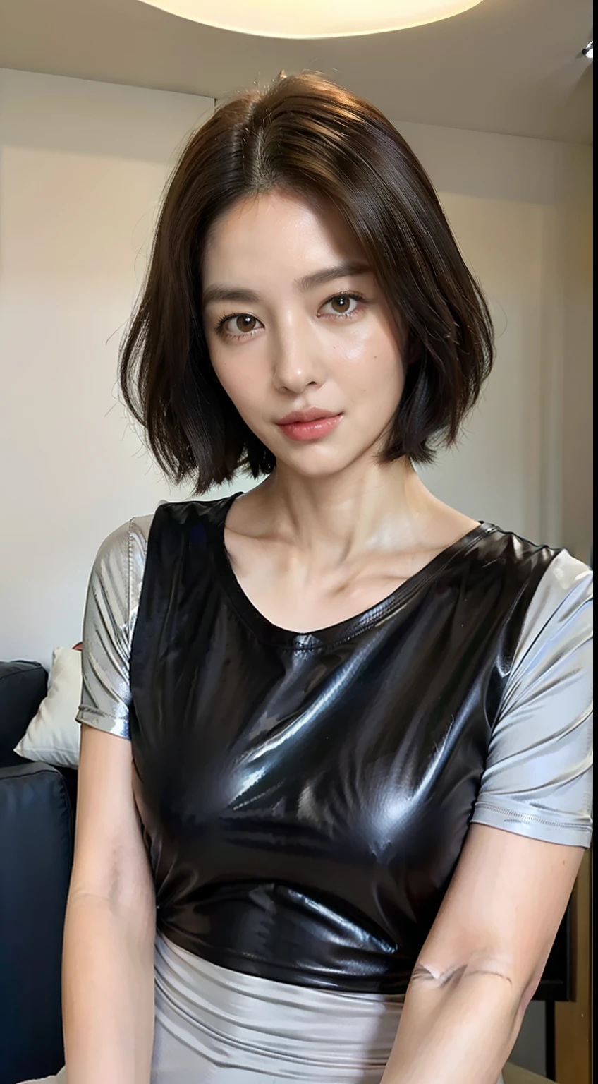 ((top-quality)), long legged, foco nítido:1.2, Beautiful woman with perfect body shape:1.4, Slender Abs:1.1, ((dark brown short hair、Colossal tits:1.2)), (Shiny Silver Tight T-Shirt, The sheen、Standing Black Spats:1.2), Detailed face and skin texture, A detailed eye,a room
