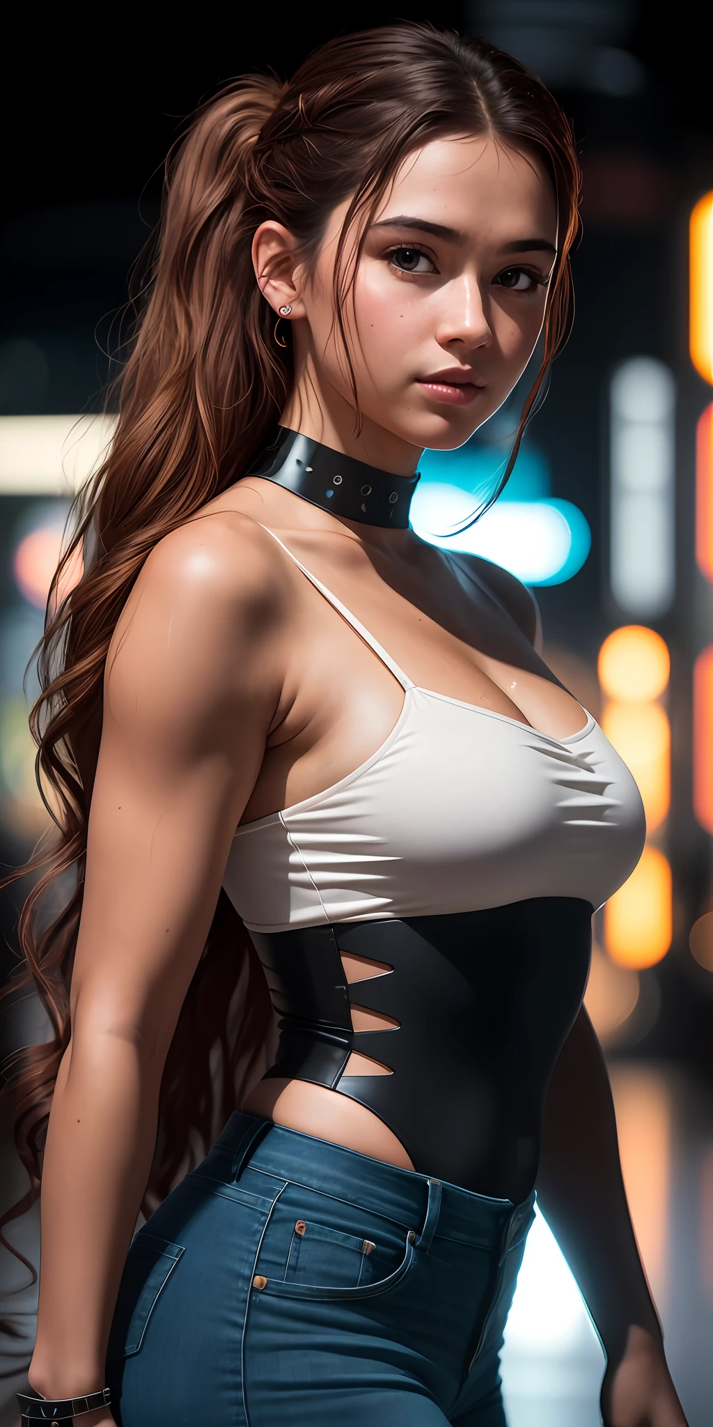 Full face portrait photo of 25 year old European girl, RAW, beautiful woman, semi-open strawberry lip, dimples, wistful expression, (extra long wavy brown hair), ((detailed face)), ((detailed facial features)), (fine detailed skin), pale skin, (detailed tech cyberpunk dress with deep neckline), Cyberpunk megacity environment, (cool colors), wet, damp, reflection, (masterpiece) (perfect proportions) (realistic photos) (highest quality) (detail) shot with Canon EOS R5, 50mm lens, f/2.8, HDR, (8k) (wallpaper) (cinematic lighting) (dramatic lighting) (sharp focus) (complex), raw photos, raw photos, gigachad photos, Camera Pose, Black Jeans, Back Arm, 8K UHD, DSLR, High Quality, Grain Film, Fujifilm XT3, Film Stock Photo 4 Kodak Portra 400 Camera F1.6 Lens Rich colors Ultra-realistic textures Dramatic lighting Unreal Engine Art Station Trends Cinestill 800 tungsten, toughboy style, Ultra focus face, intimidating, combat position, short messy hair, muscles, bursting veins, beads, white tube top, ponytail,