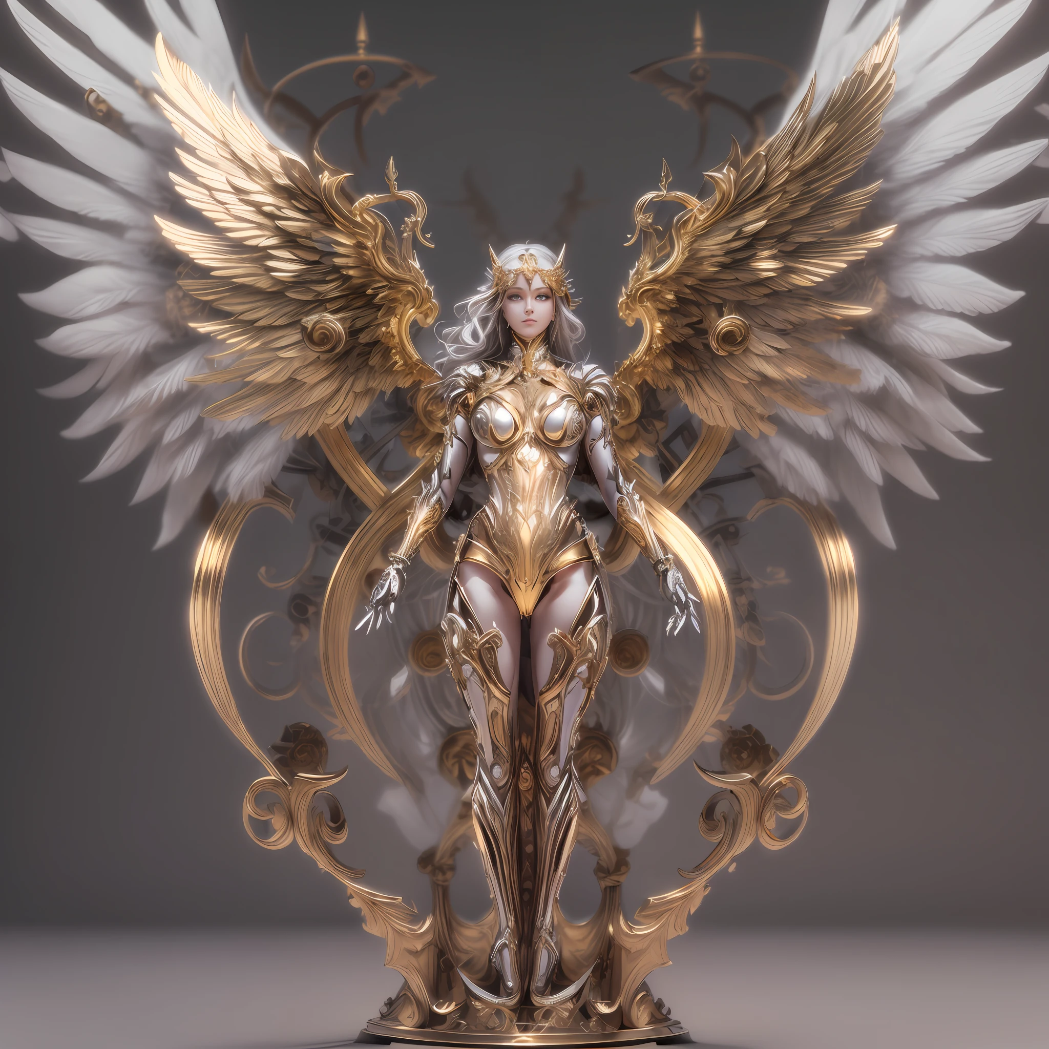 Mechanical style,Gold Theme,(1 mechanical female angel,anatomically correct,full body, （arms behind back:1.2）,golden wings,standing,circular base),Black and white background, (3D render,Best quality, Detailed details, Masterpiece, offcial art, movie light effect, 4K, Chiaroscuro)